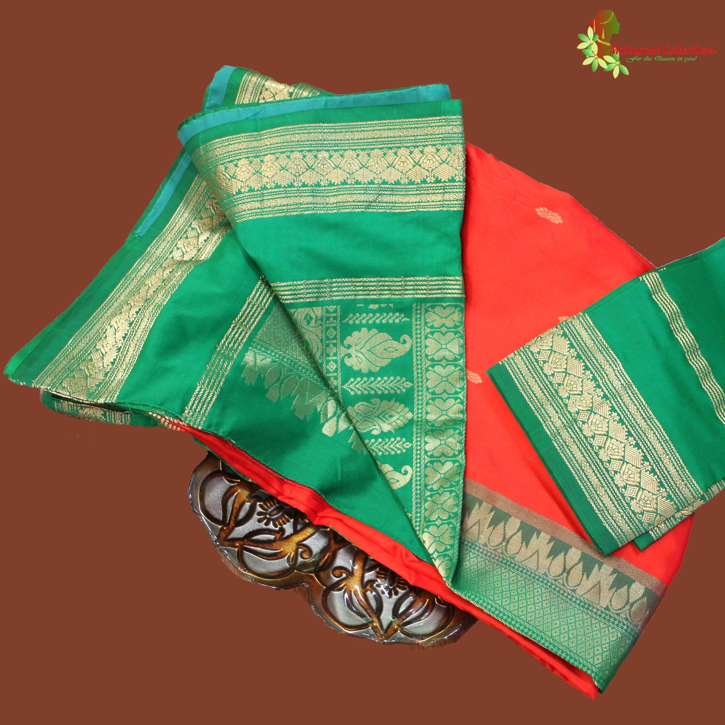 Maharani's Pure Banarasi Silk Saree - Orange (with stitched Petticoat)