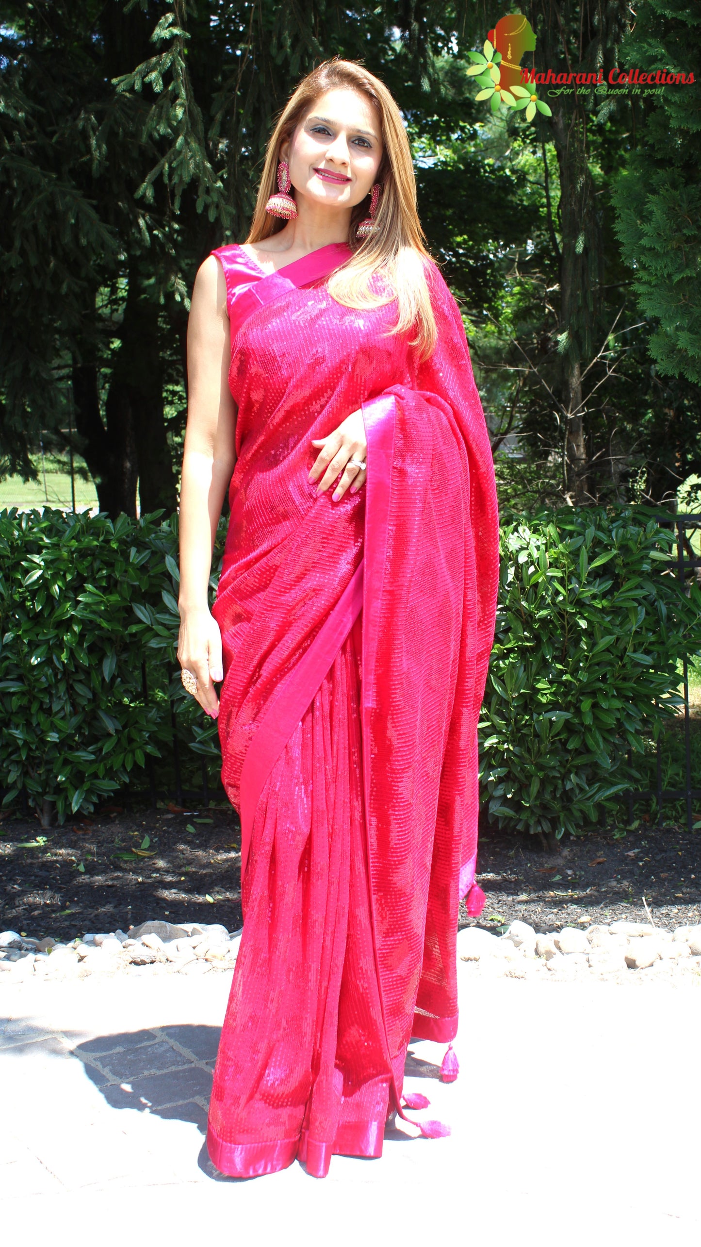 Maharani's Party Wear Georgette Sequins Saree - Magenta Red (with Stitched Blouse and Petticoat)