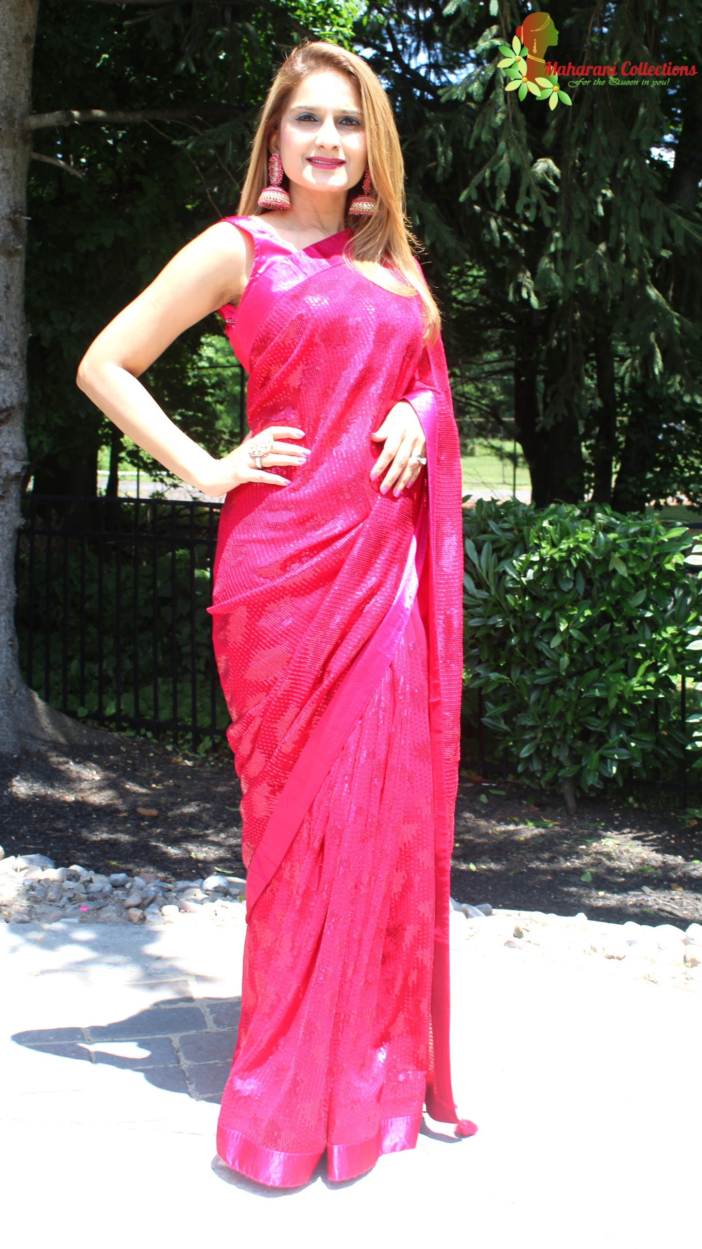 Maharani's Party Wear Georgette Sequins Saree - Magenta Red (with Stitched Blouse and Petticoat)