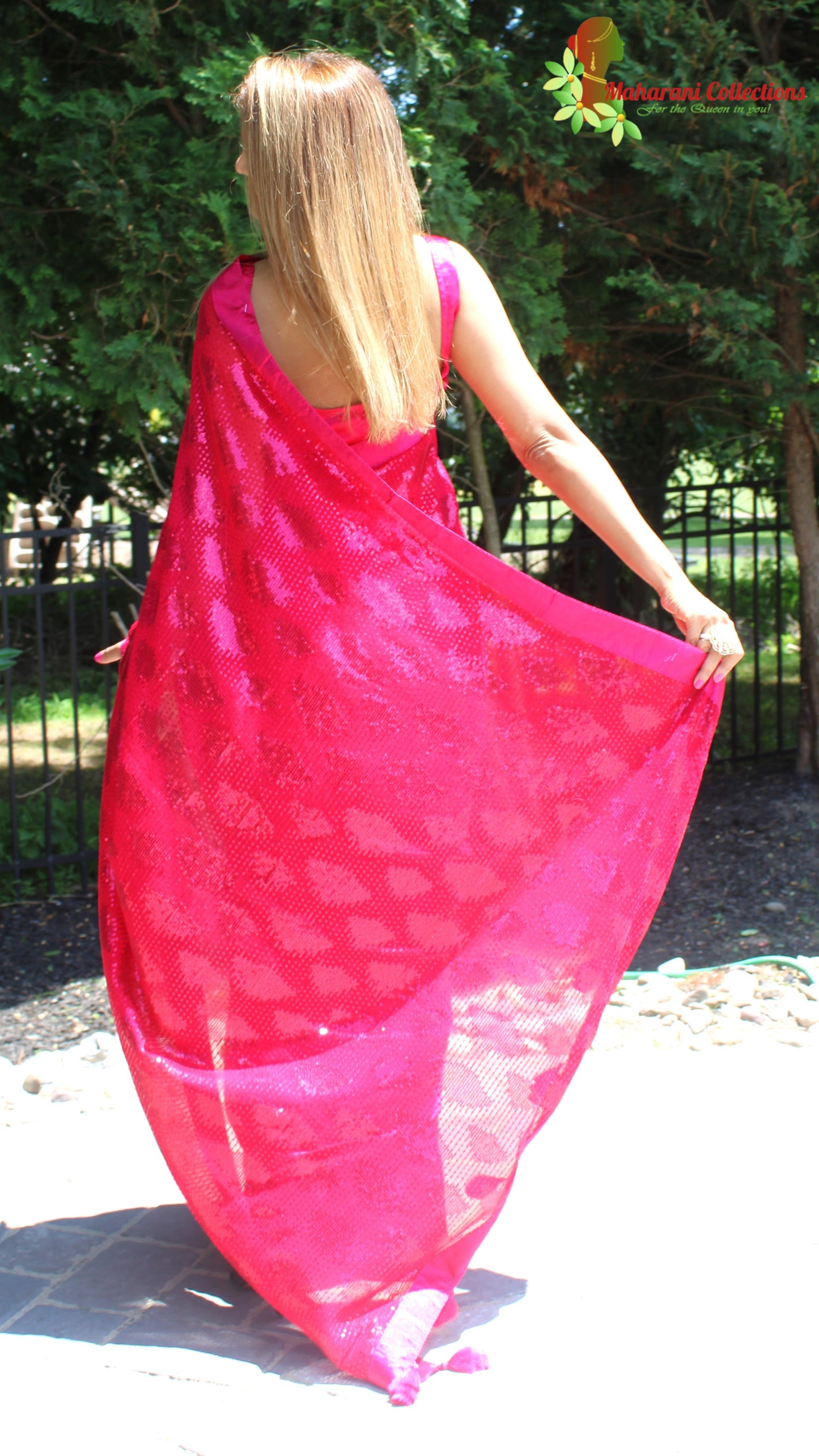 Maharani's Party Wear Georgette Sequins Saree - Magenta Red (with Stitched Blouse and Petticoat)