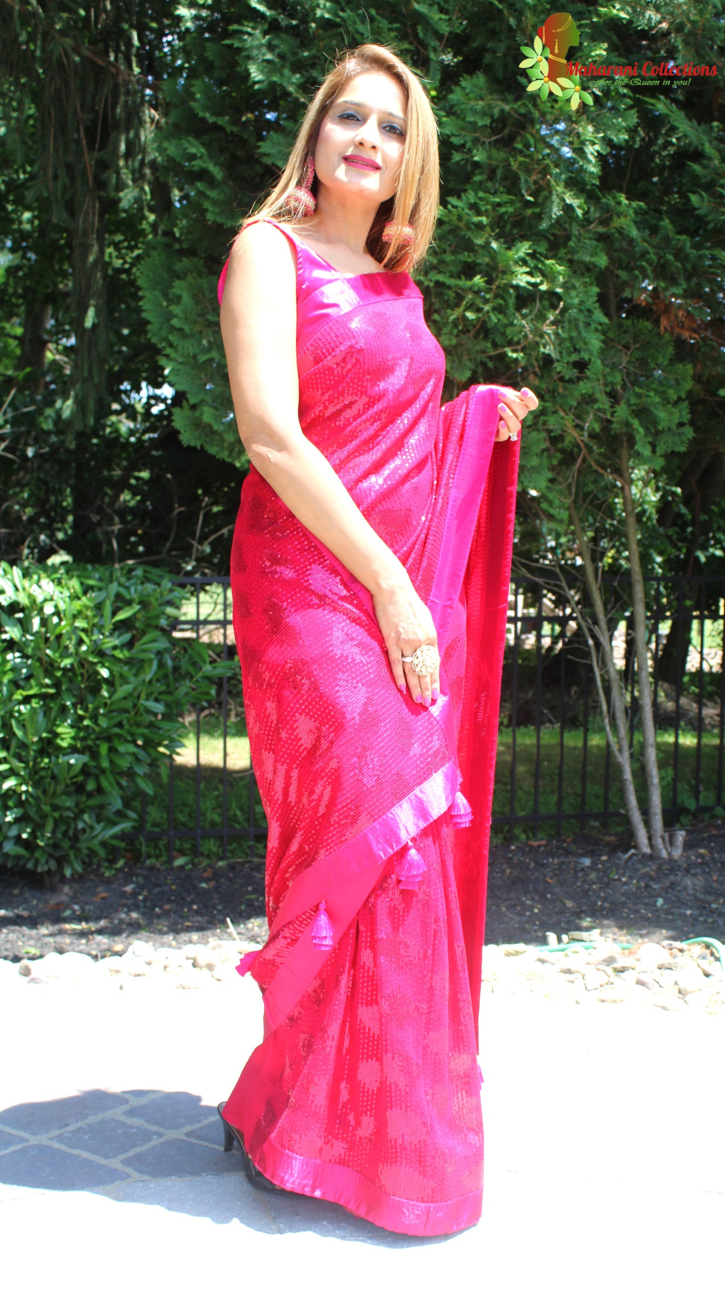 Maharani's Party Wear Georgette Sequins Saree - Magenta Red (with Stitched Blouse and Petticoat)