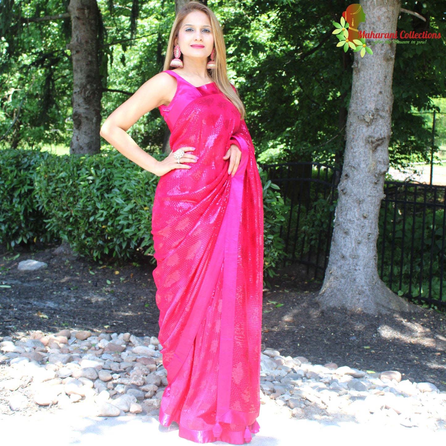 Maharani's Party Wear Georgette Sequins Saree - Magenta Red (with Stitched Blouse and Petticoat)