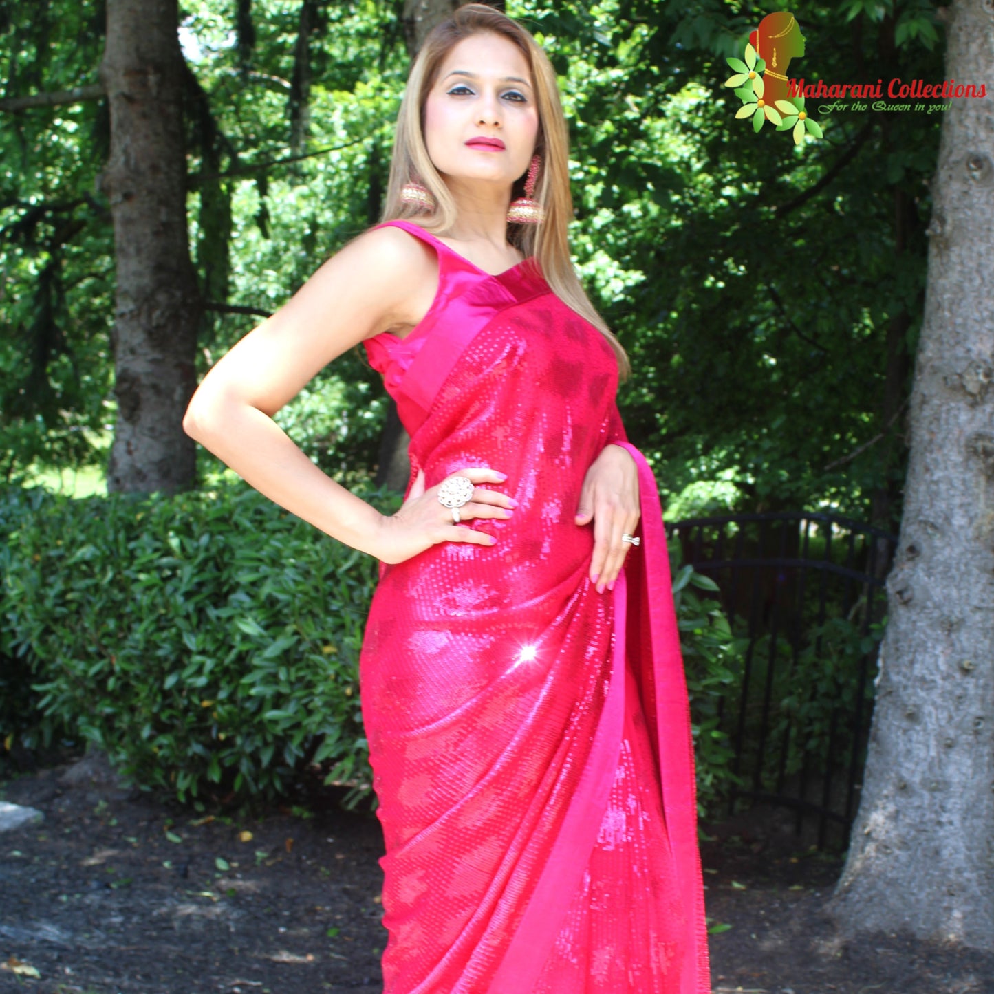 Maharani's Party Wear Georgette Sequins Saree - Magenta Red (with Stitched Blouse and Petticoat)