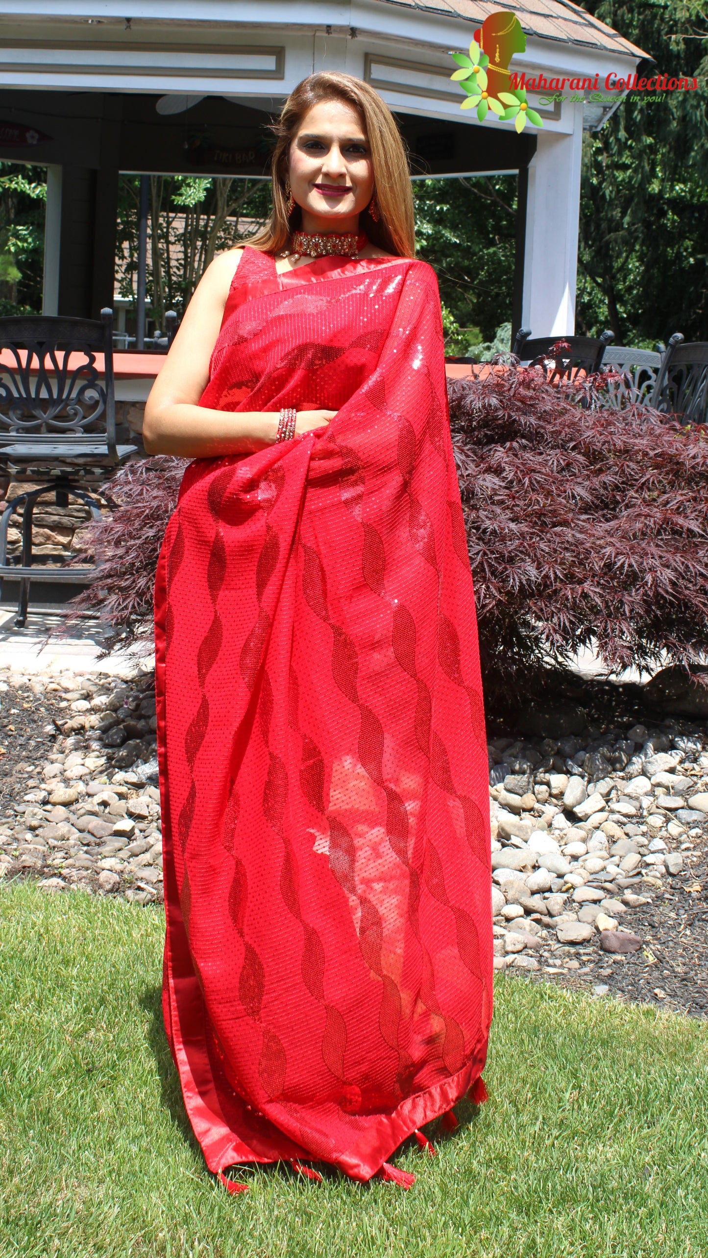 Maharani's Party Wear Georgette Sequins Saree - Bridal Red (with Stitched Blouse and Petticoat)