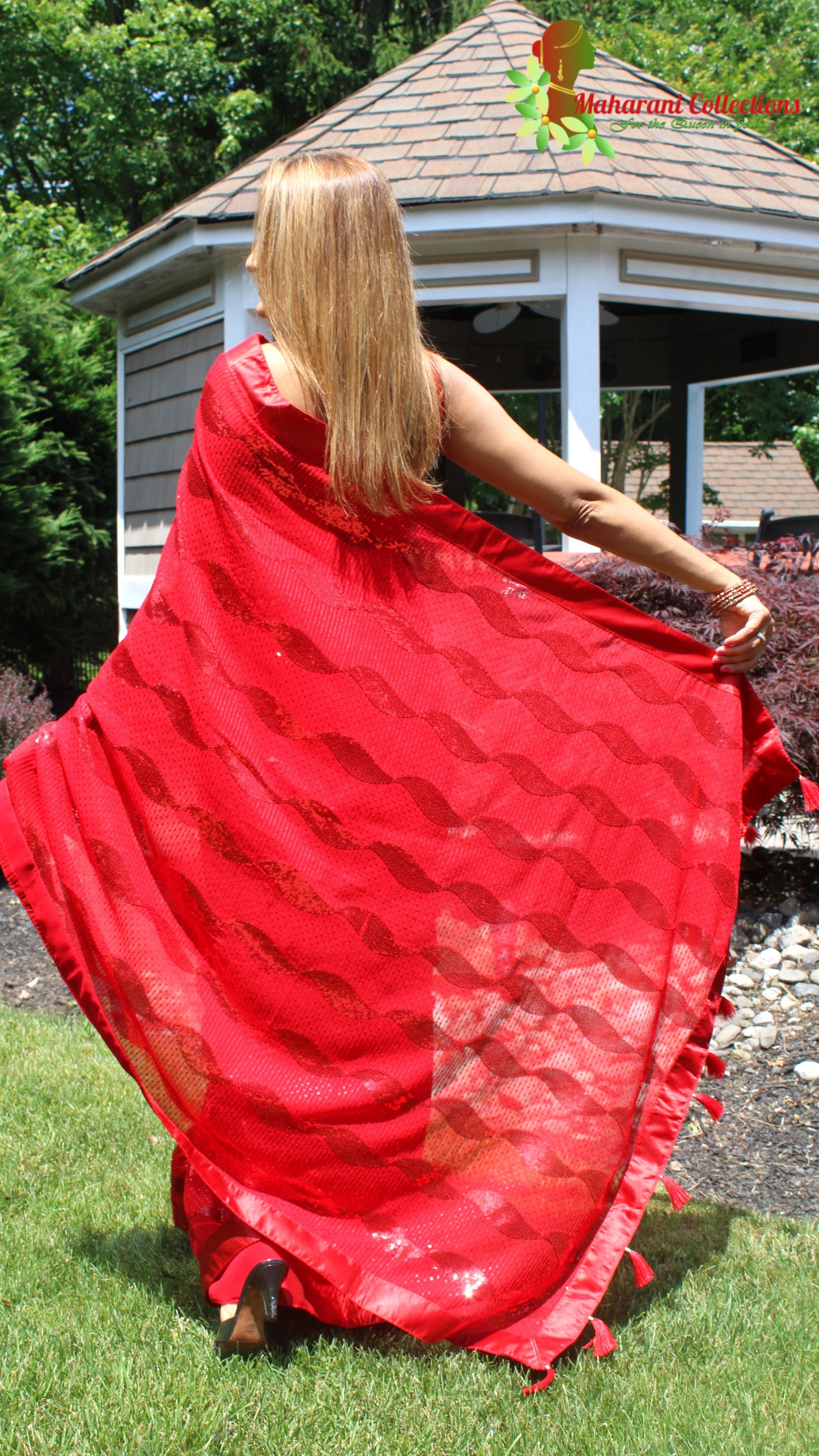 Maharani's Party Wear Georgette Sequins Saree - Bridal Red (with Stitched Blouse and Petticoat)