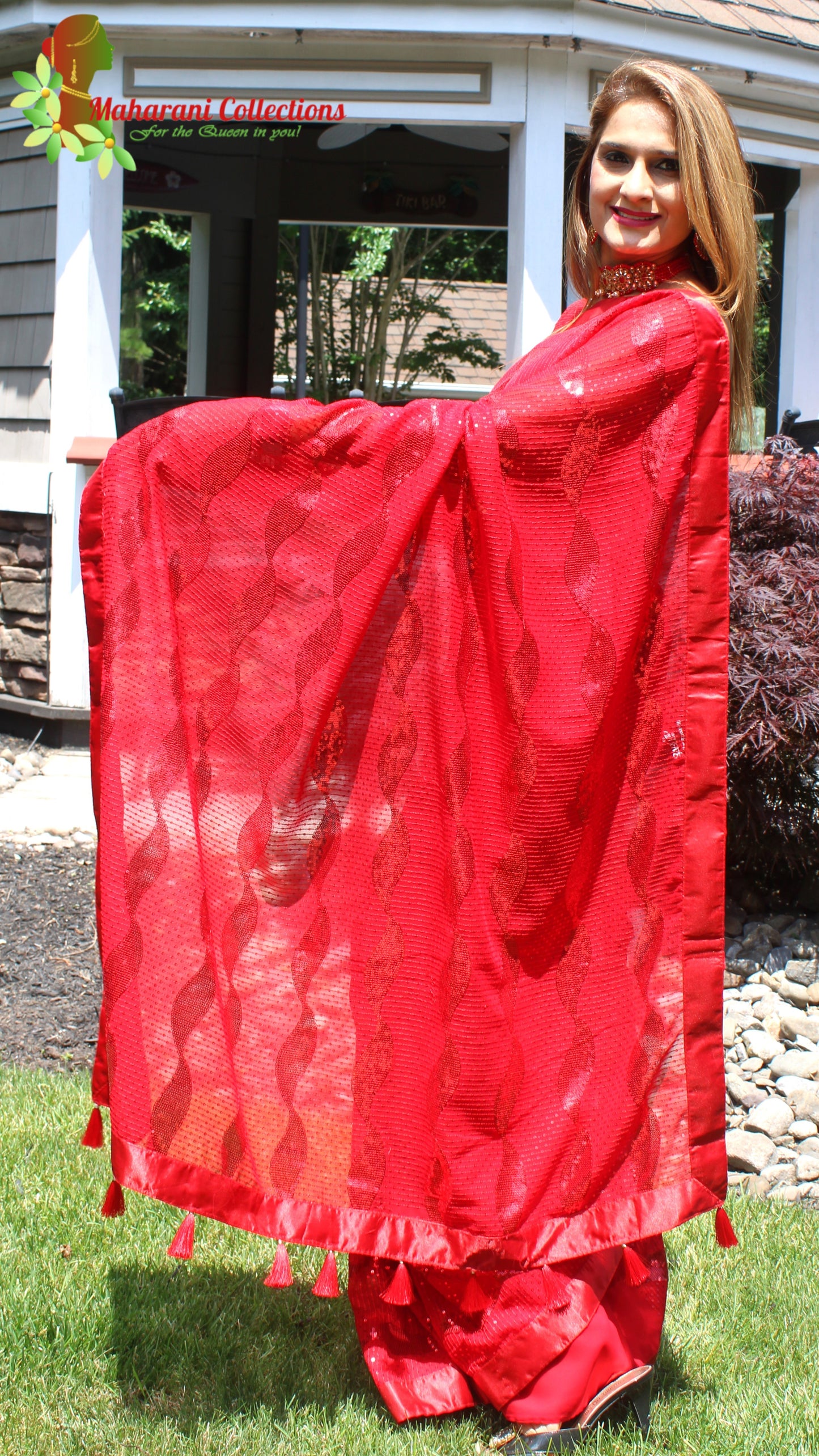 Maharani's Party Wear Georgette Sequins Saree - Bridal Red (with Stitched Blouse and Petticoat)