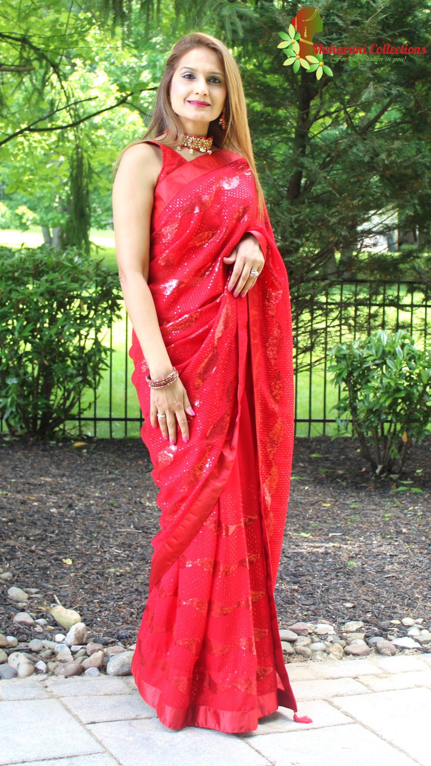Maharani's Party Wear Georgette Sequins Saree - Bridal Red (with Stitched Blouse and Petticoat)