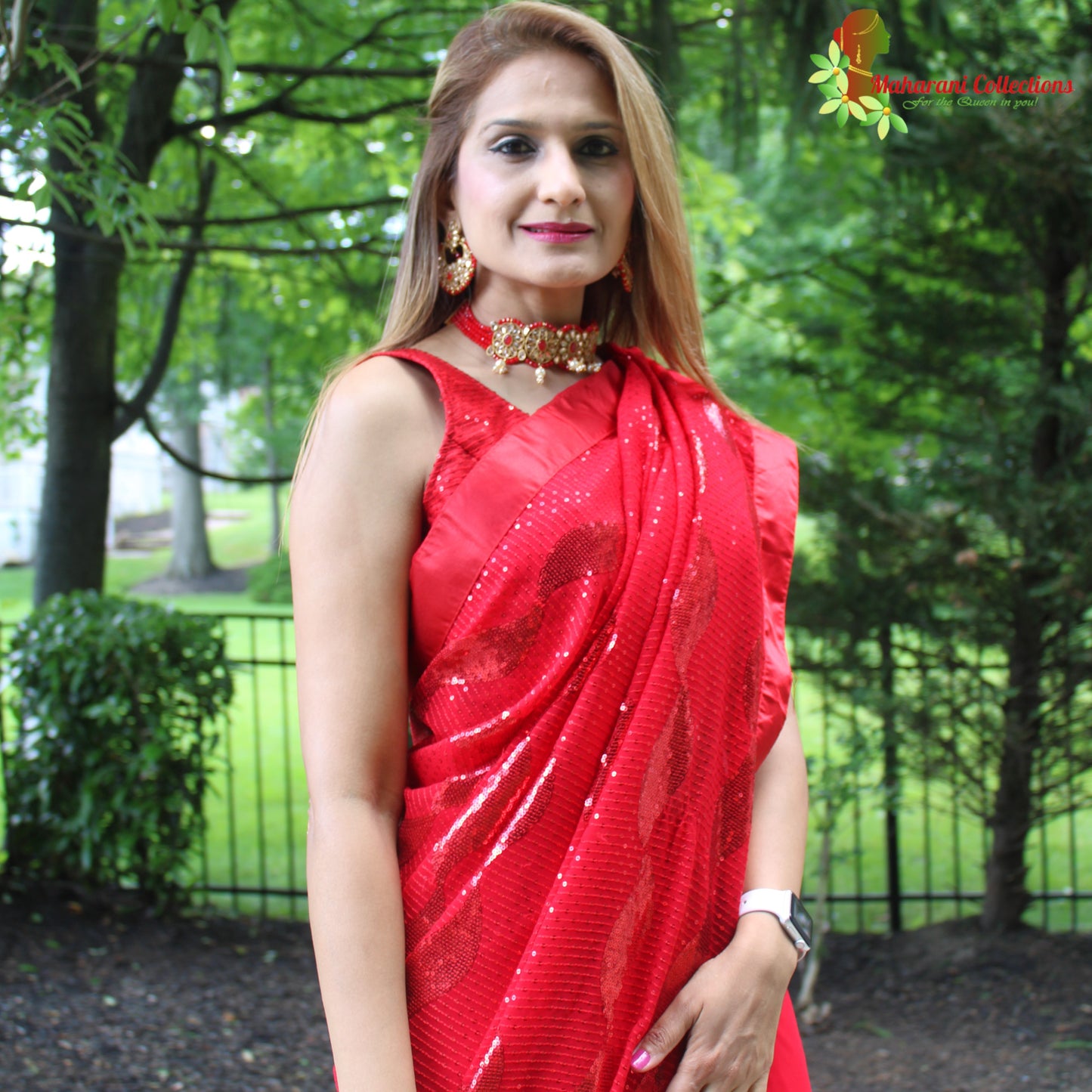Maharani's Party Wear Georgette Sequins Saree - Bridal Red (with Stitched Blouse and Petticoat)