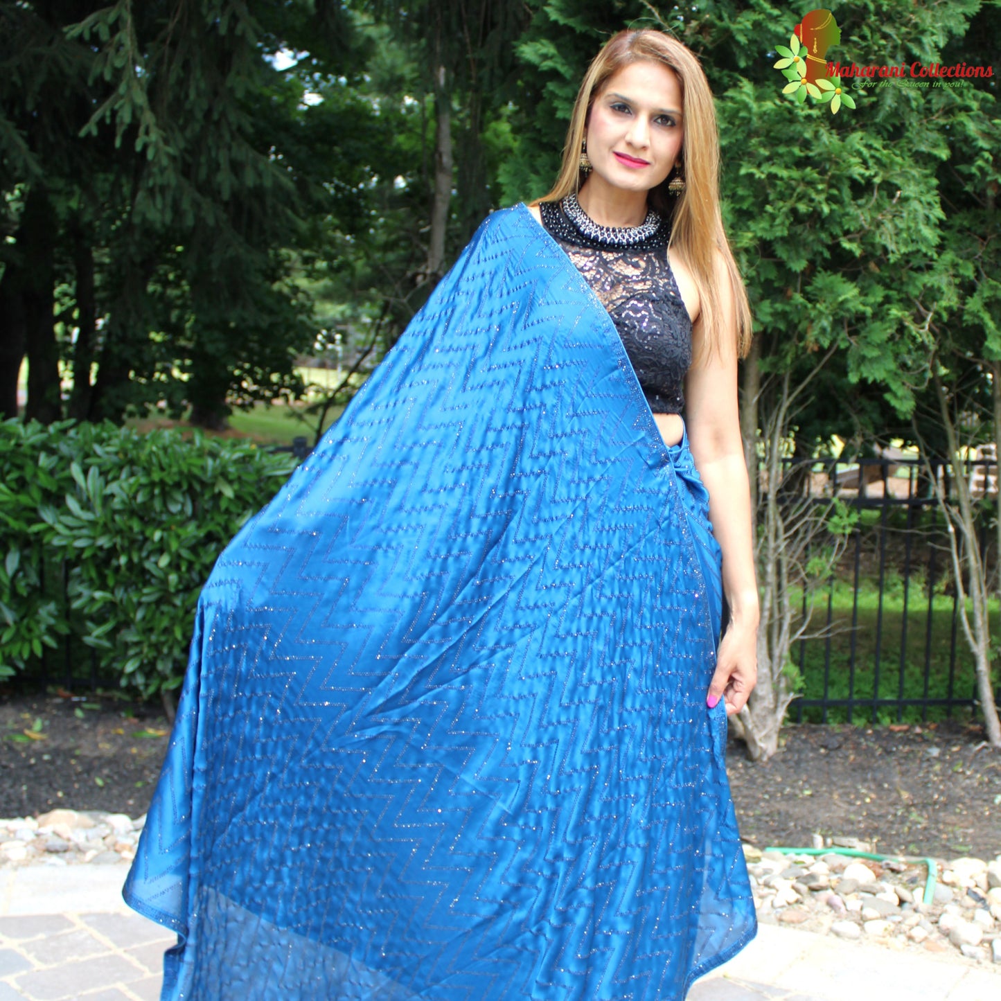 Maharani's Party Wear Satin Silk Sequins Saree - Blue (with Stitched Blouse and Petticoat)