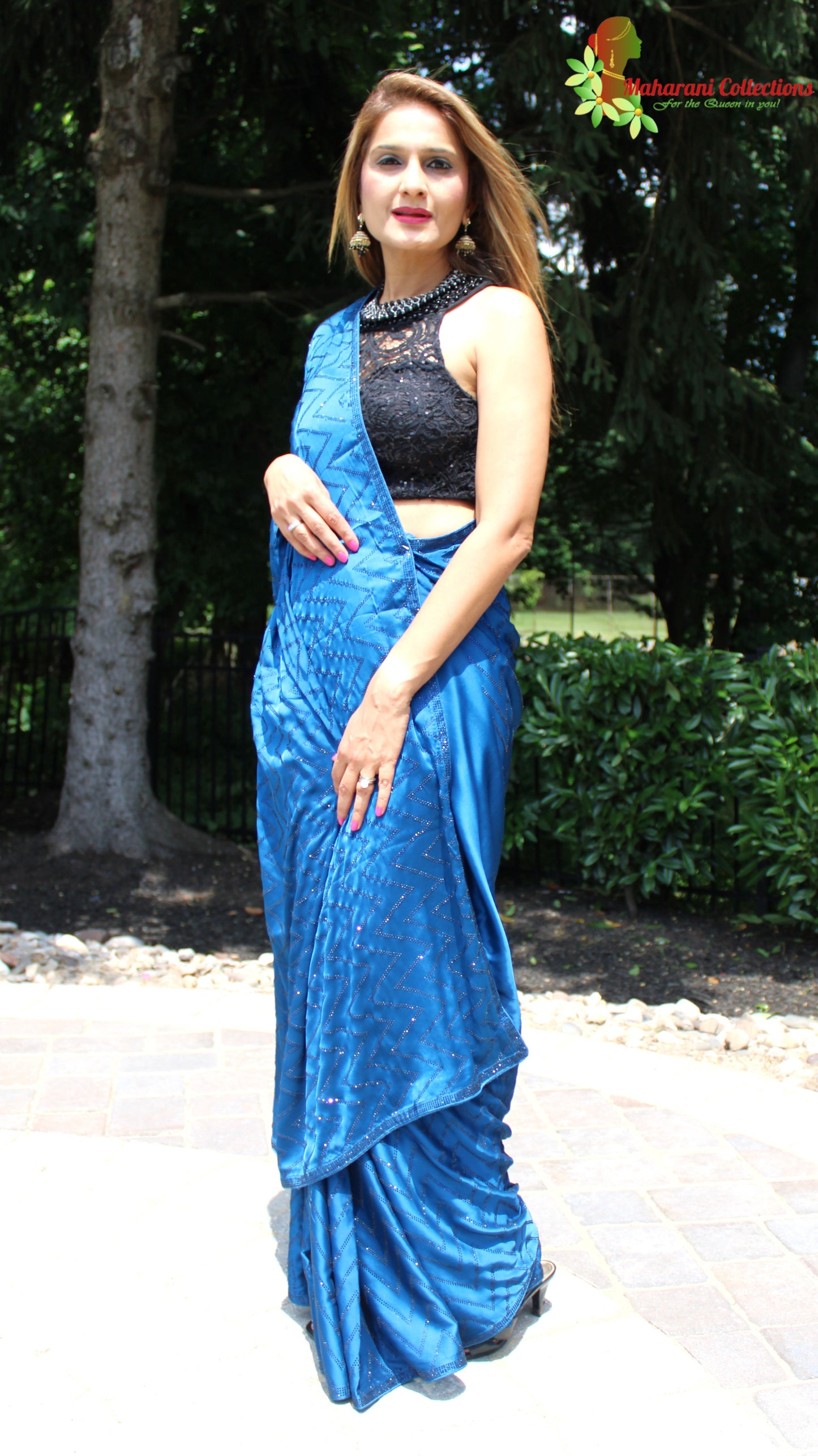 Maharani's Party Wear Satin Silk Sequins Saree - Blue (with Stitched Blouse and Petticoat)