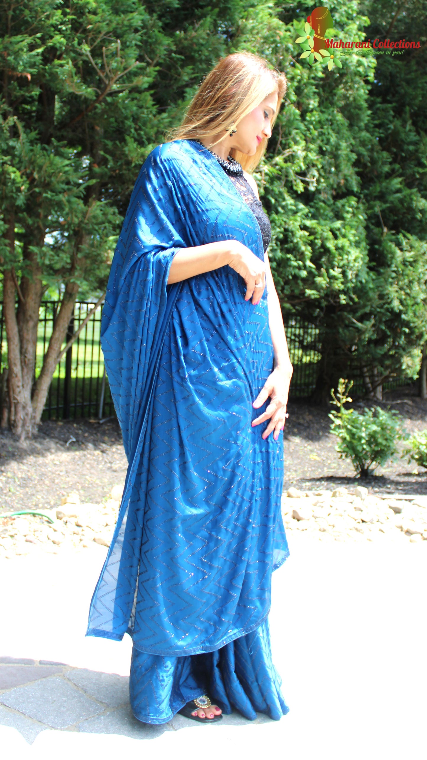 Maharani's Party Wear Satin Silk Sequins Saree - Blue (with Stitched Blouse and Petticoat)