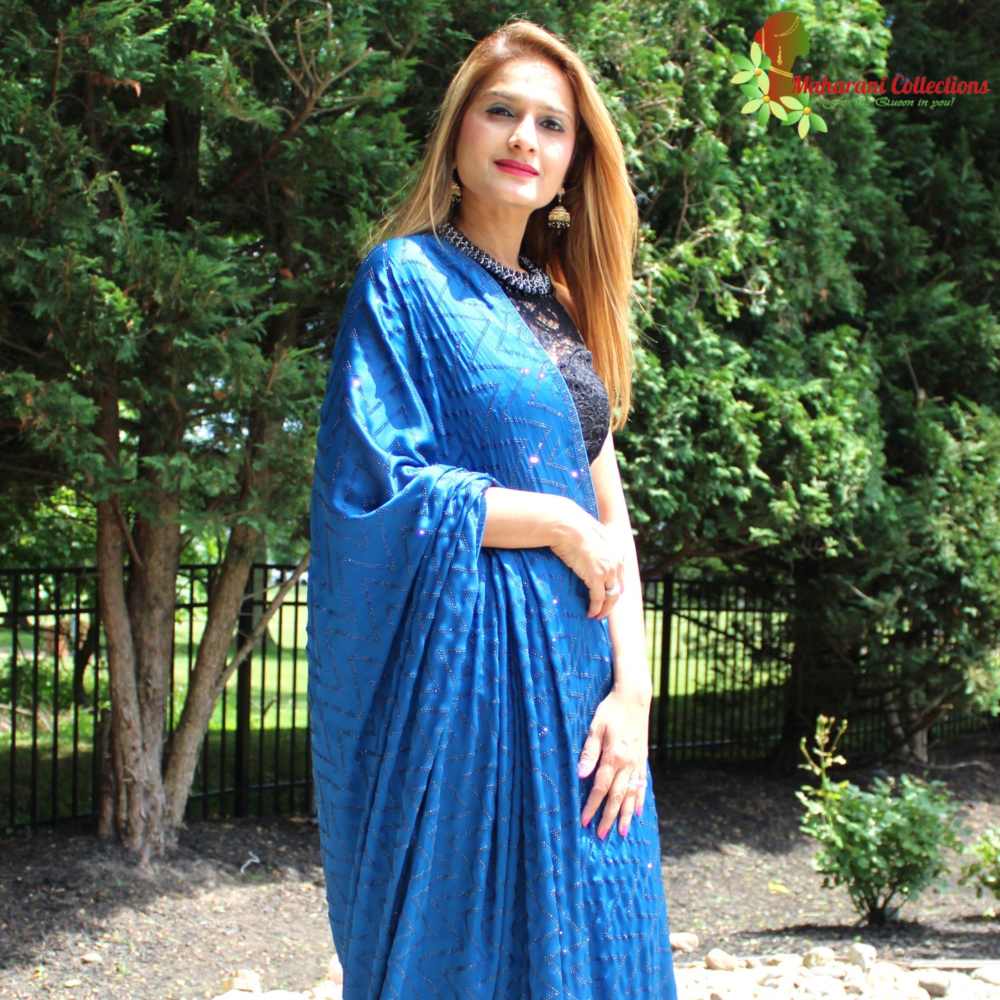 Maharani's Party Wear Satin Silk Sequins Saree - Blue (with Stitched Blouse and Petticoat)