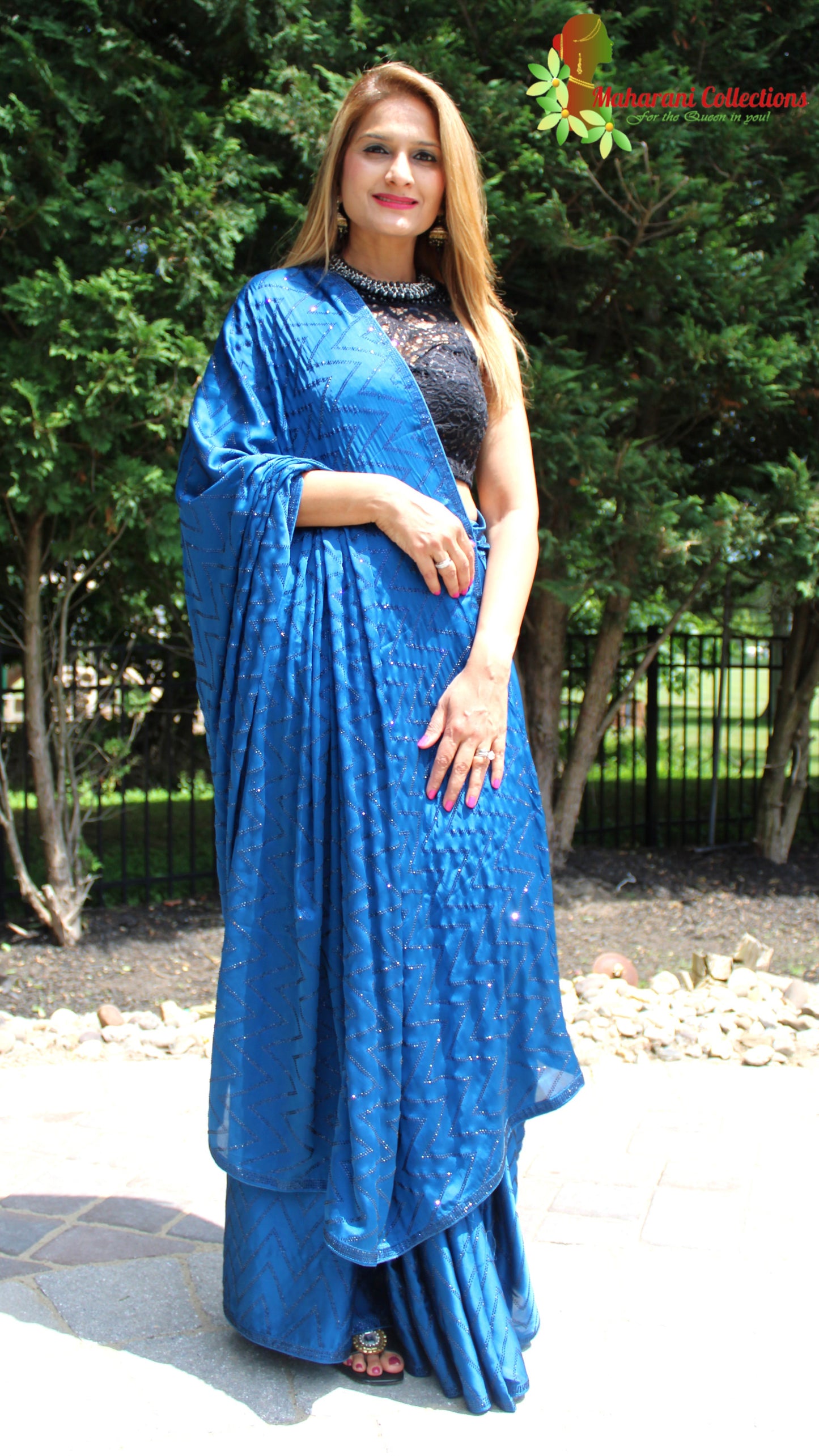 Maharani's Party Wear Satin Silk Sequins Saree - Blue (with Stitched Blouse and Petticoat)
