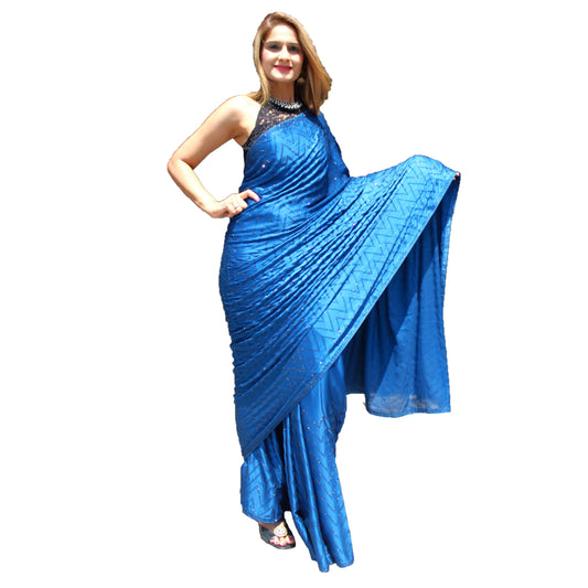Maharani's Party Wear Satin Silk Sequins Saree - Blue (with Stitched Blouse and Petticoat)