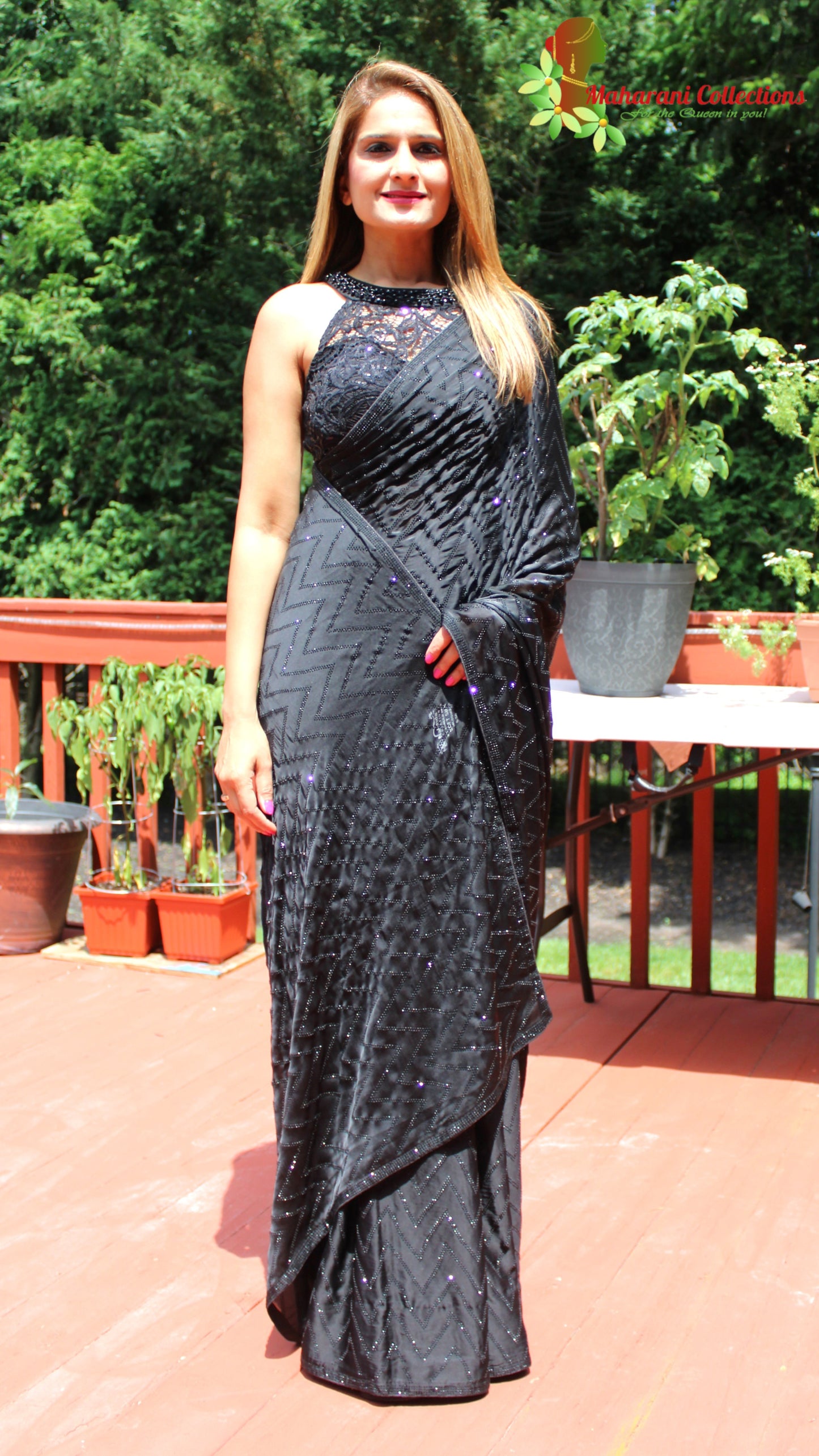Maharani's Party Wear Silk Sequins Saree - Black (with Stitched Blouse and Petticoat)