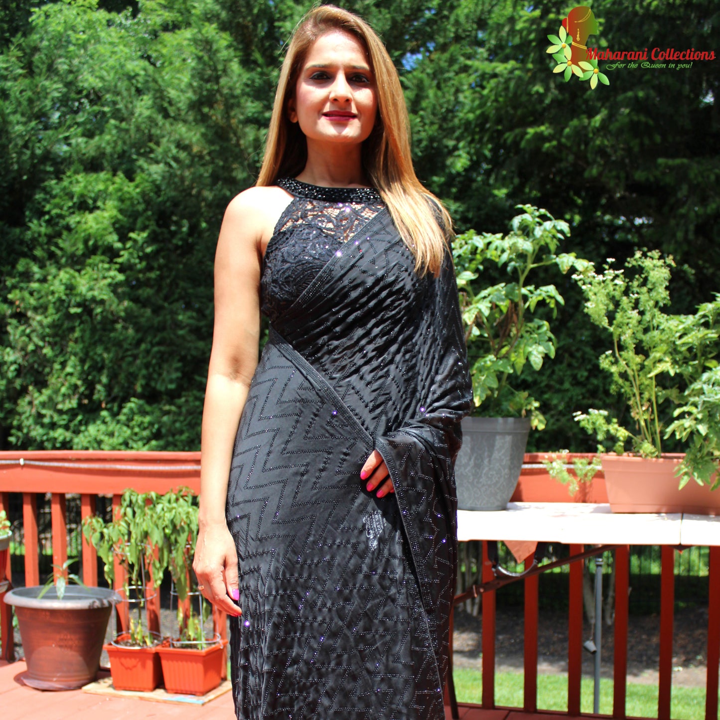 Maharani's Party Wear Silk Sequins Saree - Black (with Stitched Blouse and Petticoat)