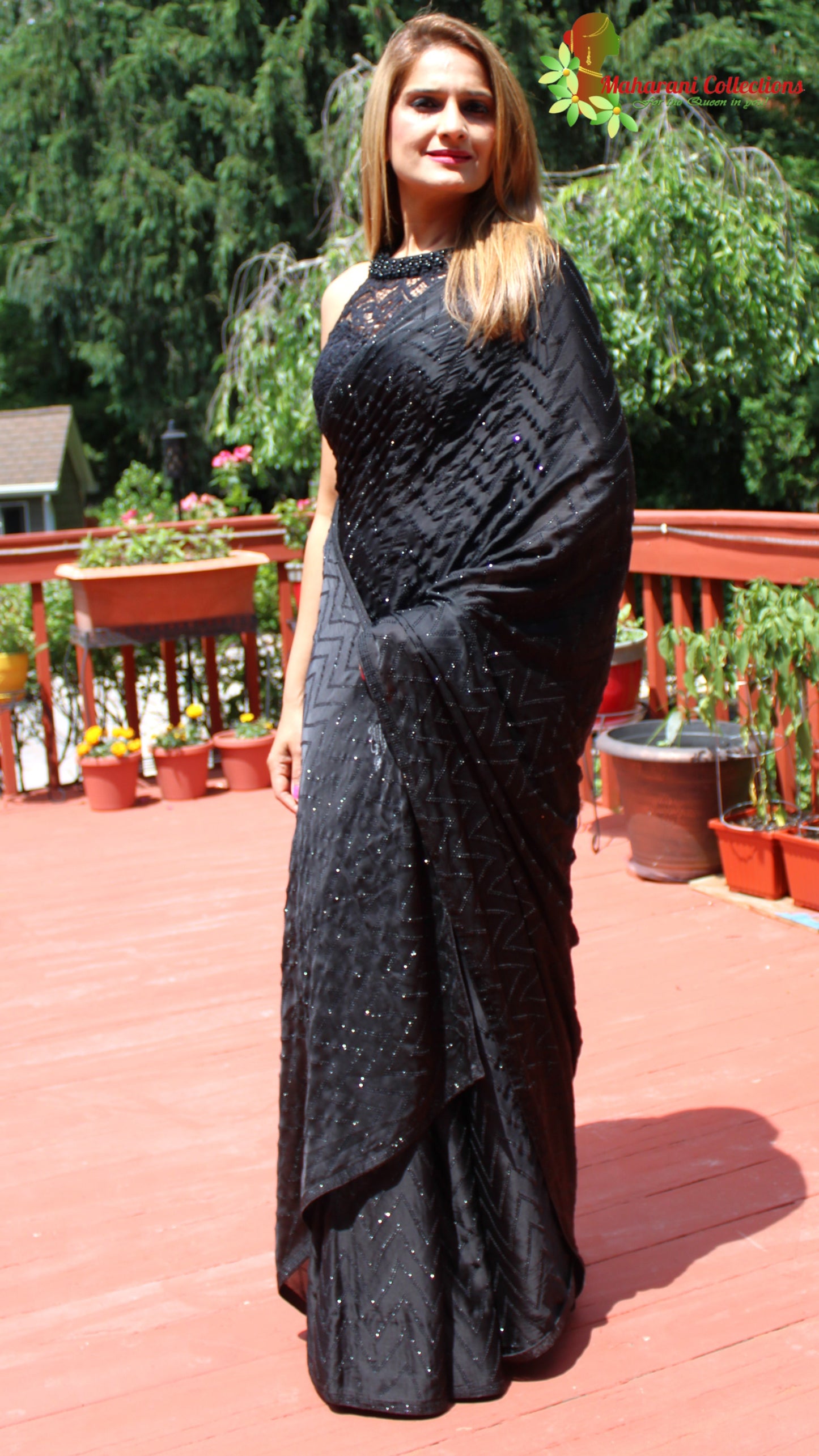 Maharani's Party Wear Silk Sequins Saree - Black (with Stitched Blouse and Petticoat)