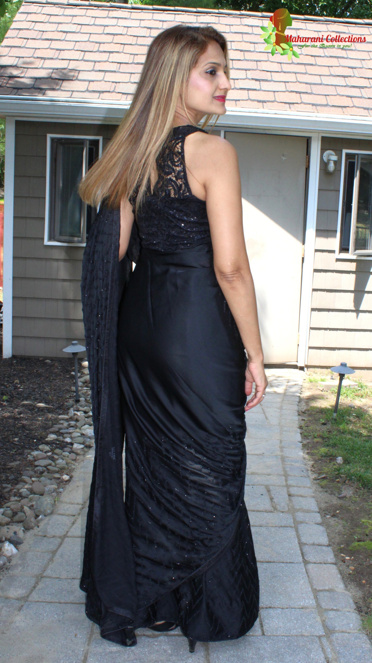 Maharani's Party Wear Silk Sequins Saree - Black (with Stitched Blouse and Petticoat)