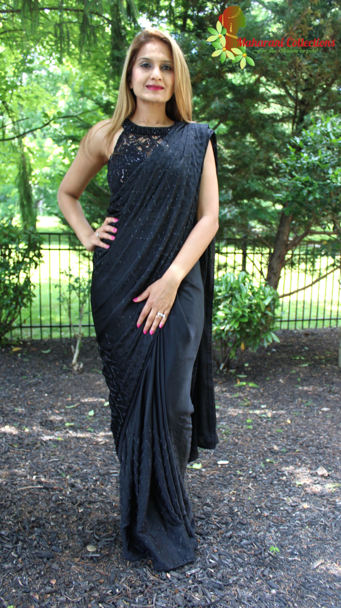Maharani's Party Wear Silk Sequins Saree - Black (with Stitched Blouse and Petticoat)