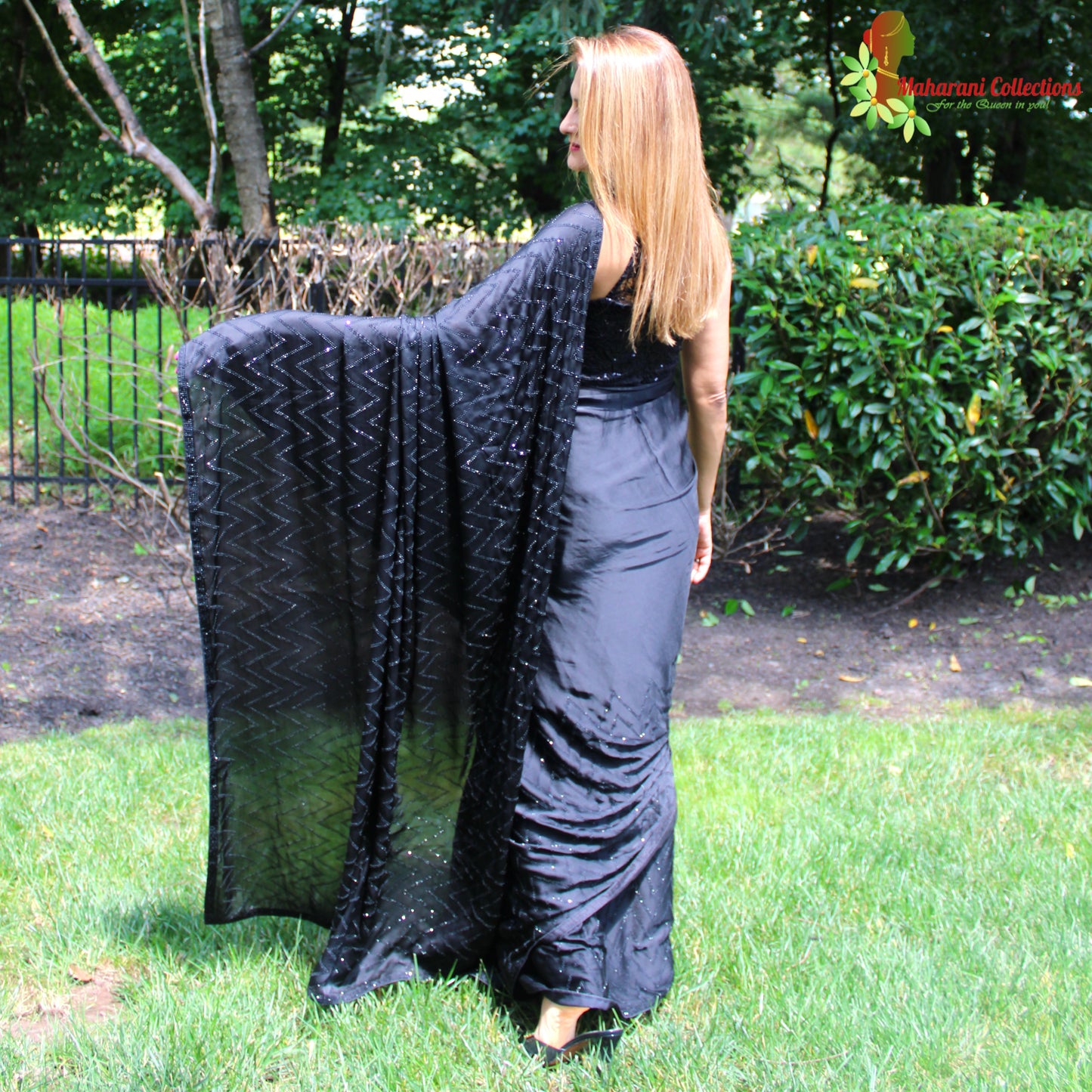 Maharani's Party Wear Silk Sequins Saree - Black (with Stitched Blouse and Petticoat)