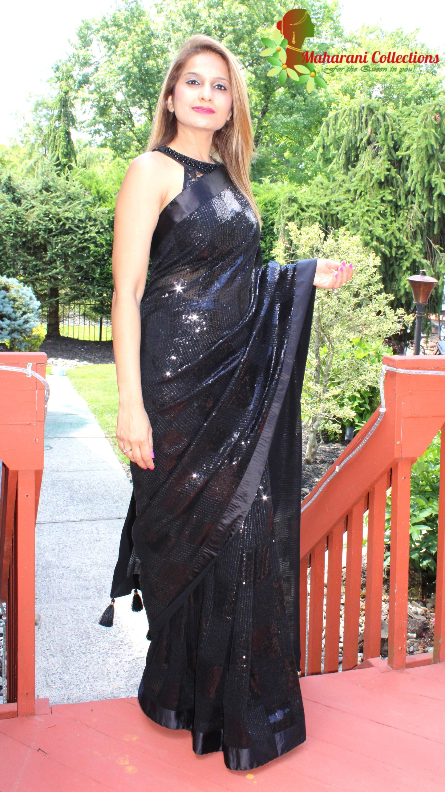 Maharani's Party Wear Georgette Sequins Saree - Black (with Stitched Blouse and Petticoat)