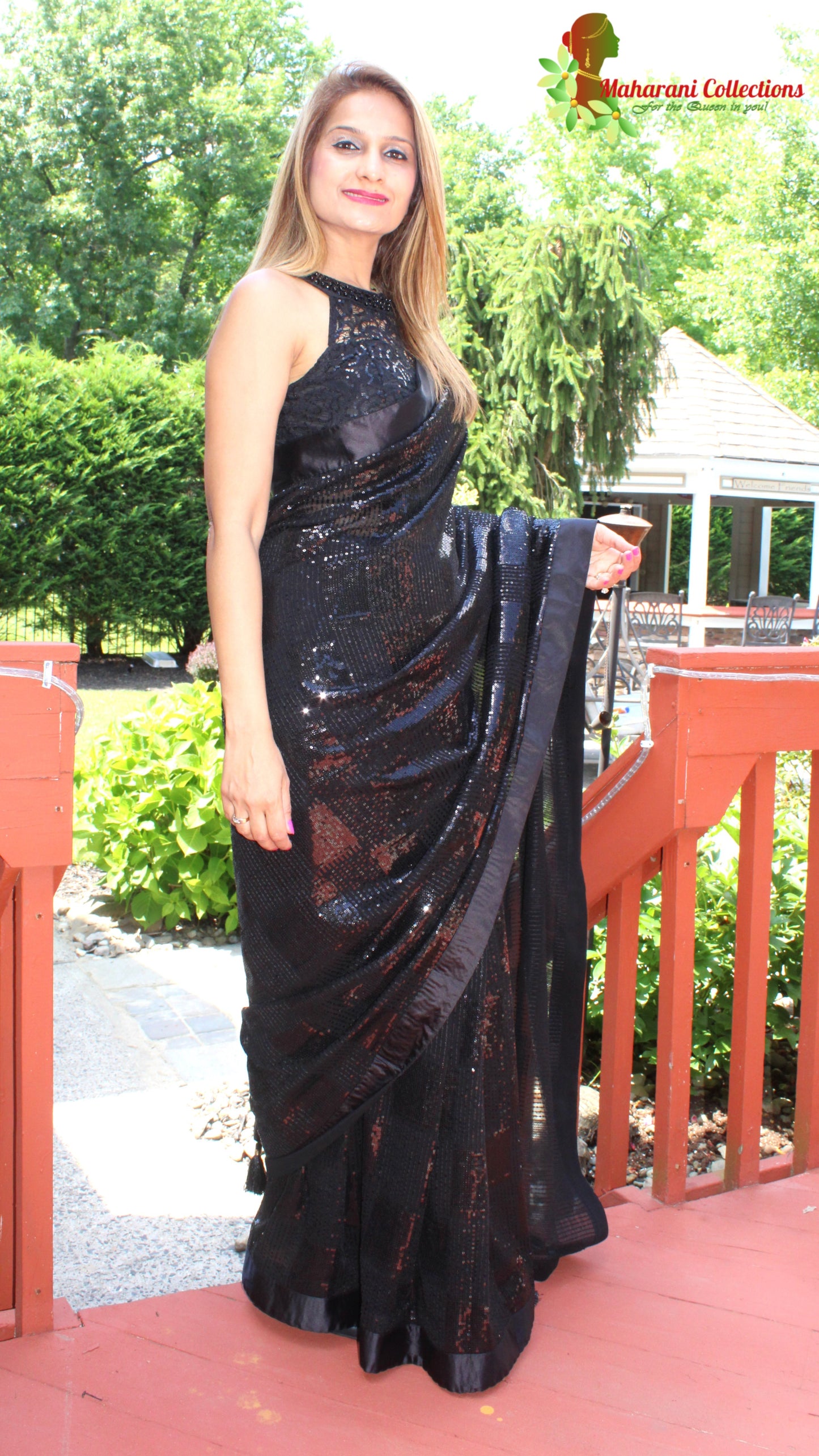 Maharani's Party Wear Georgette Sequins Saree - Black (with Stitched Blouse and Petticoat)