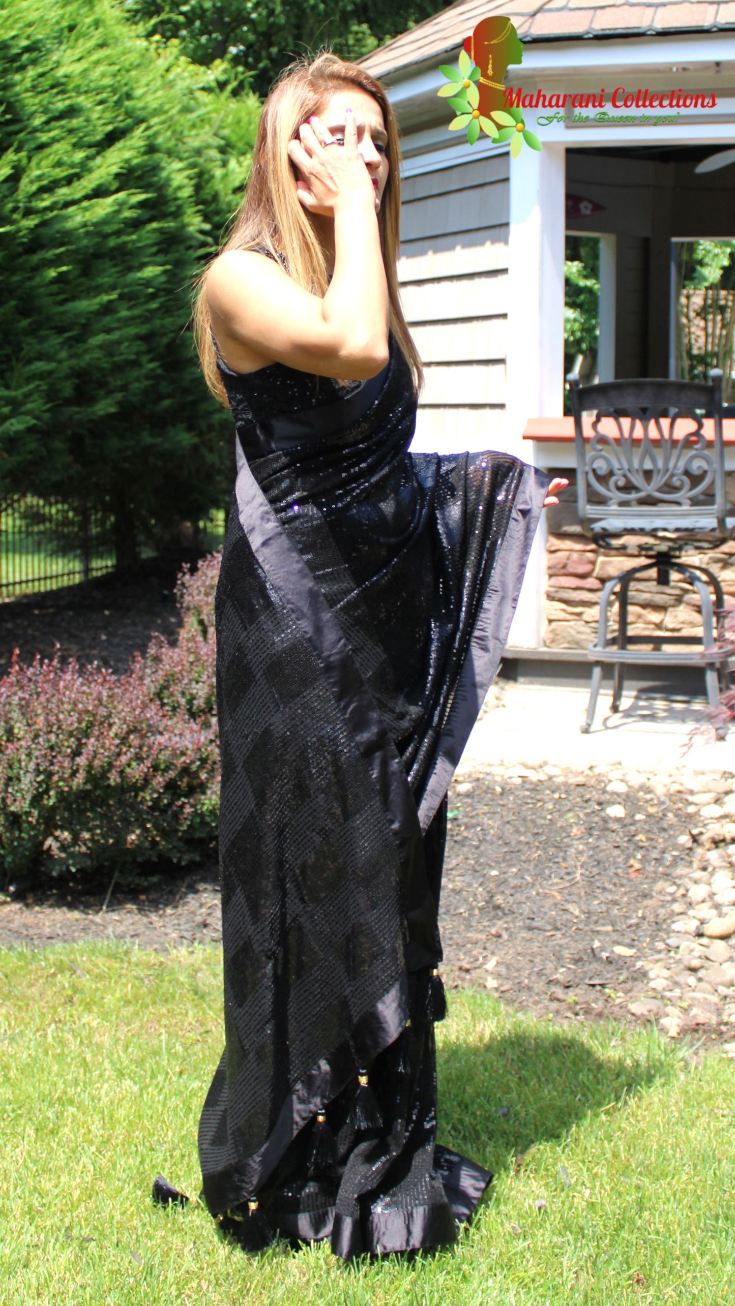 Maharani's Party Wear Georgette Sequins Saree - Black (with Stitched Blouse and Petticoat)