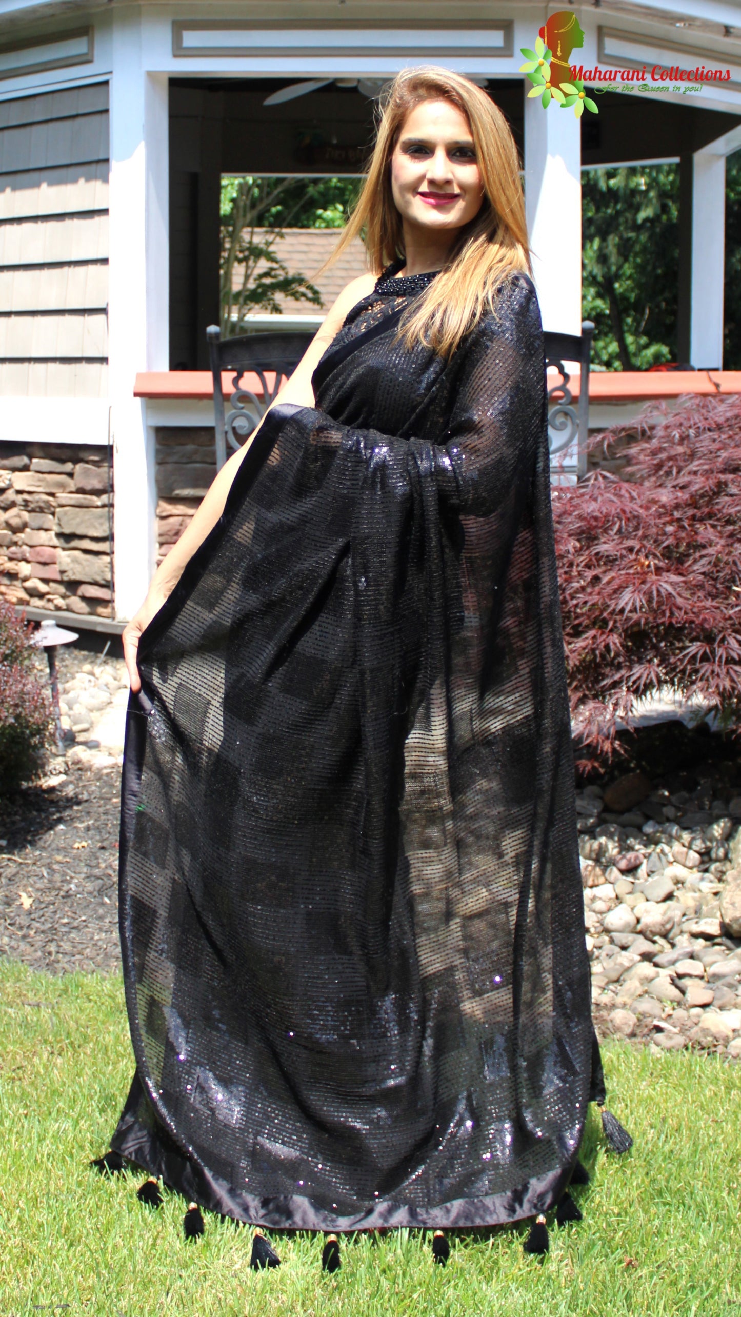 Maharani's Party Wear Georgette Sequins Saree - Black (with Stitched Blouse and Petticoat)