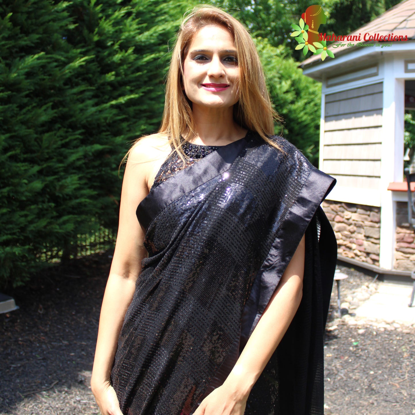 Maharani's Party Wear Georgette Sequins Saree - Black (with Stitched Blouse and Petticoat)