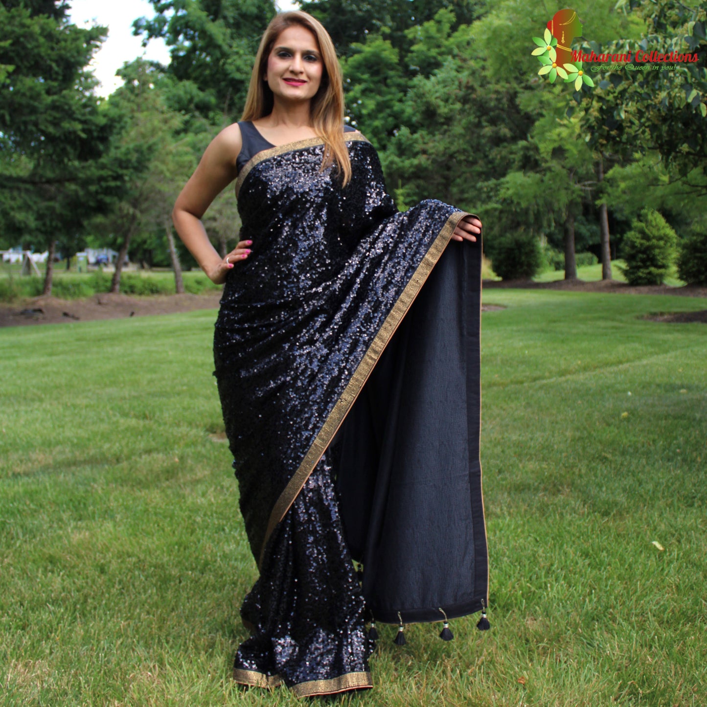 Maharani's Party Wear Georgette Sequins Saree - Black with Golden Border (with Stitched Blouse and Petticoat)