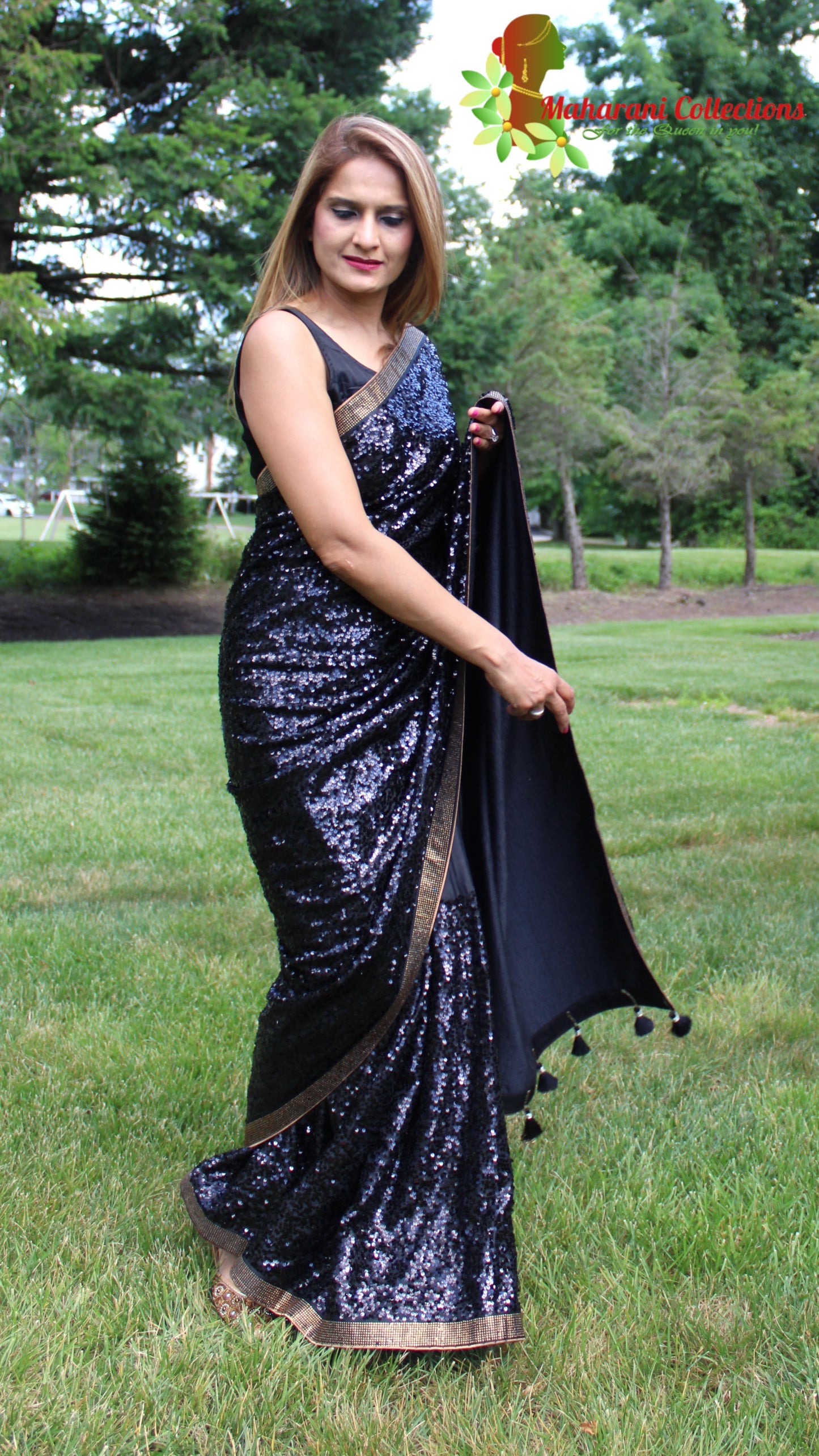 Maharani's Party Wear Georgette Sequins Saree - Black with Golden Border (with Stitched Blouse and Petticoat)