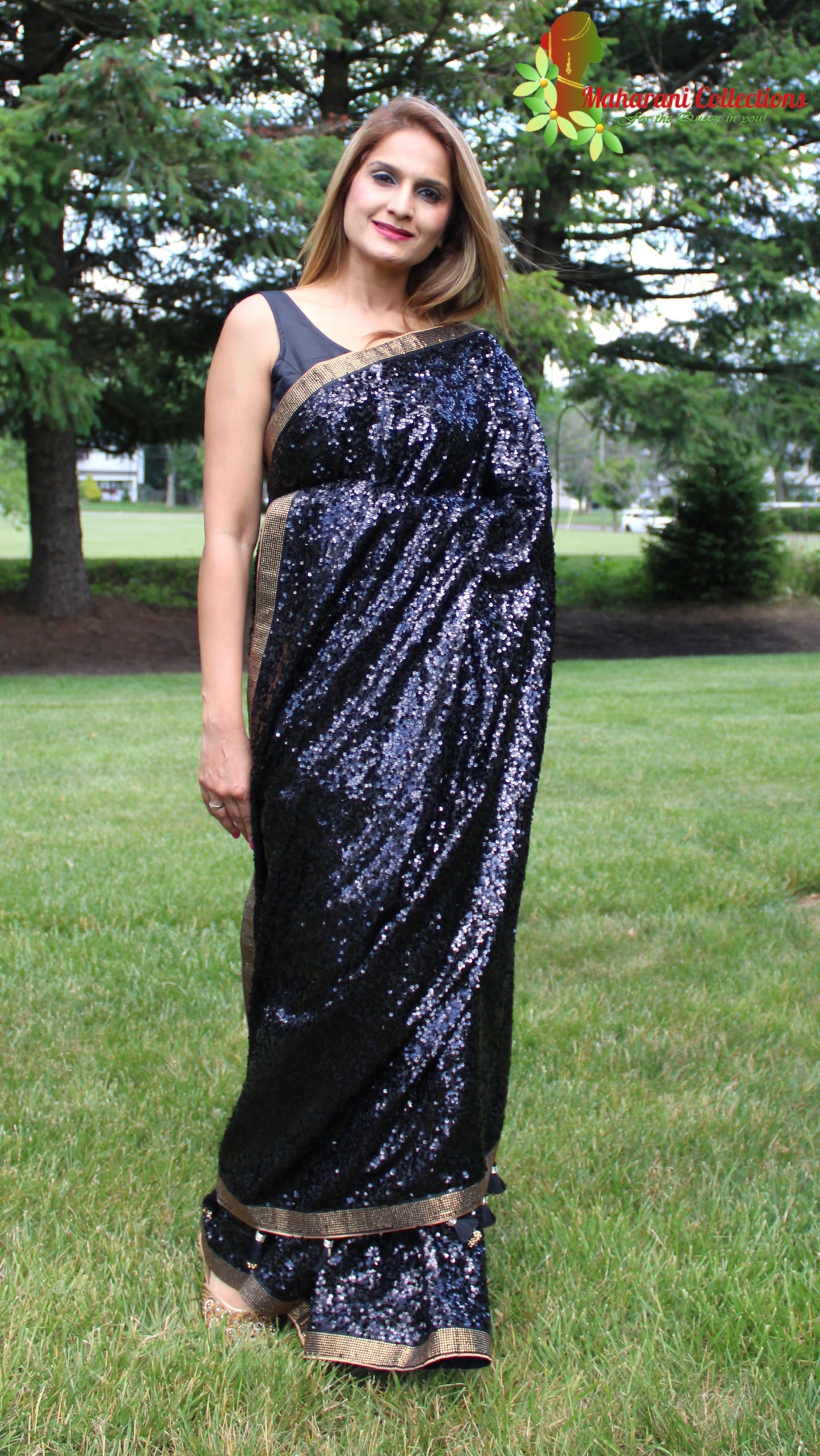 Maharani's Party Wear Georgette Sequins Saree - Black with Golden Border (with Stitched Blouse and Petticoat)