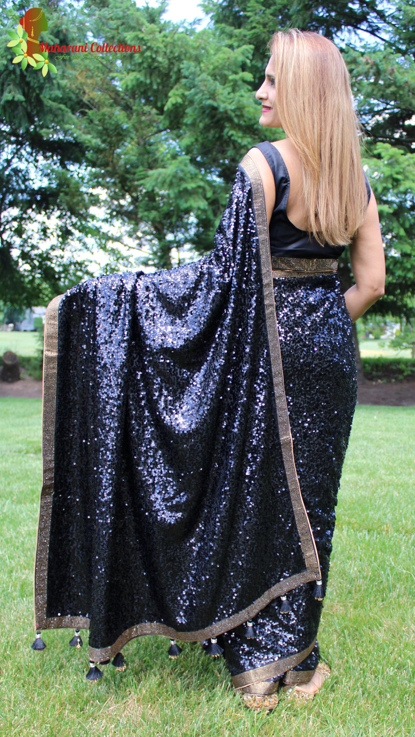 Maharani's Party Wear Georgette Sequins Saree - Black with Golden Border (with Stitched Blouse and Petticoat)
