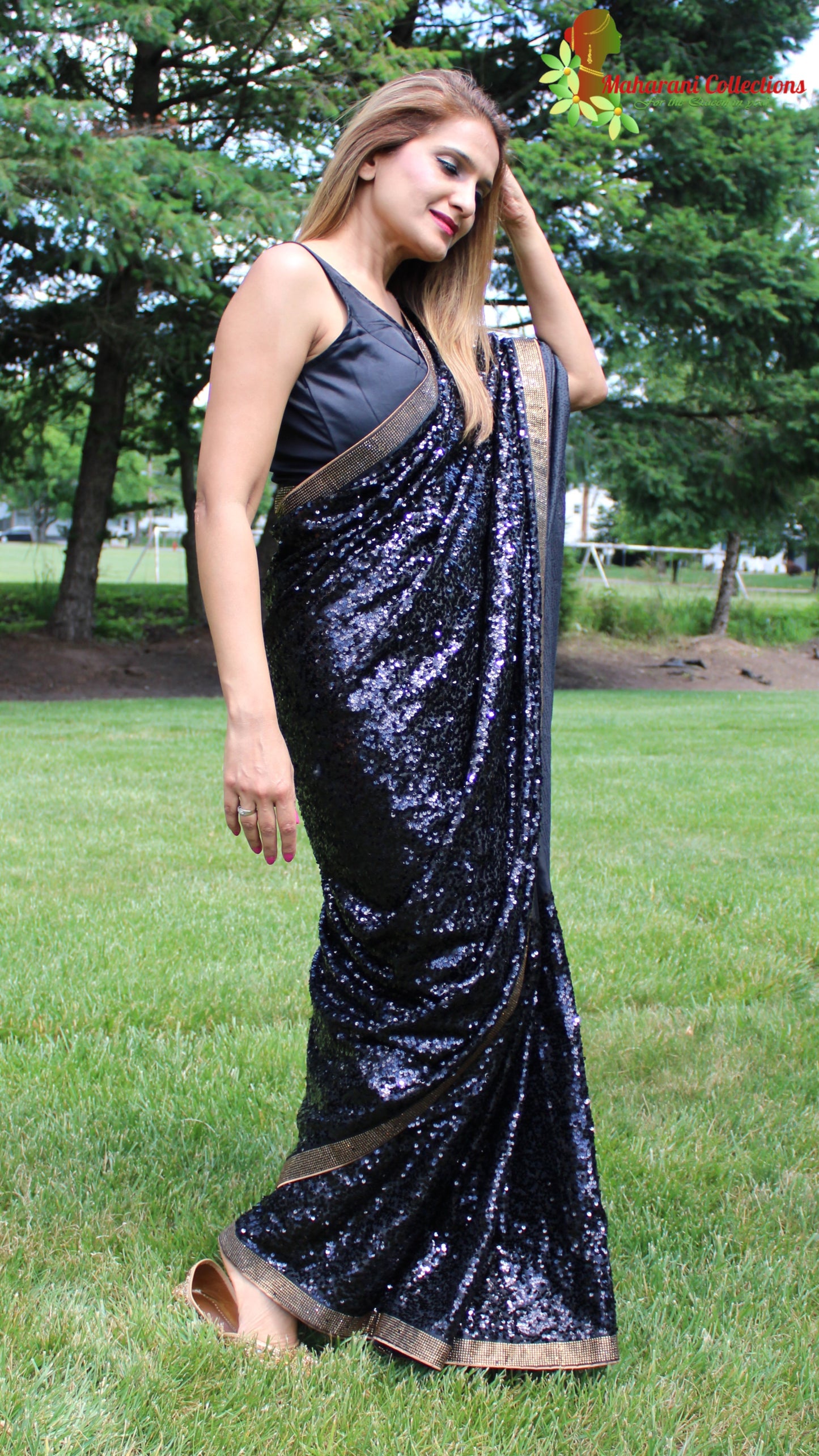 Maharani's Party Wear Georgette Sequins Saree - Black with Golden Border (with Stitched Blouse and Petticoat)