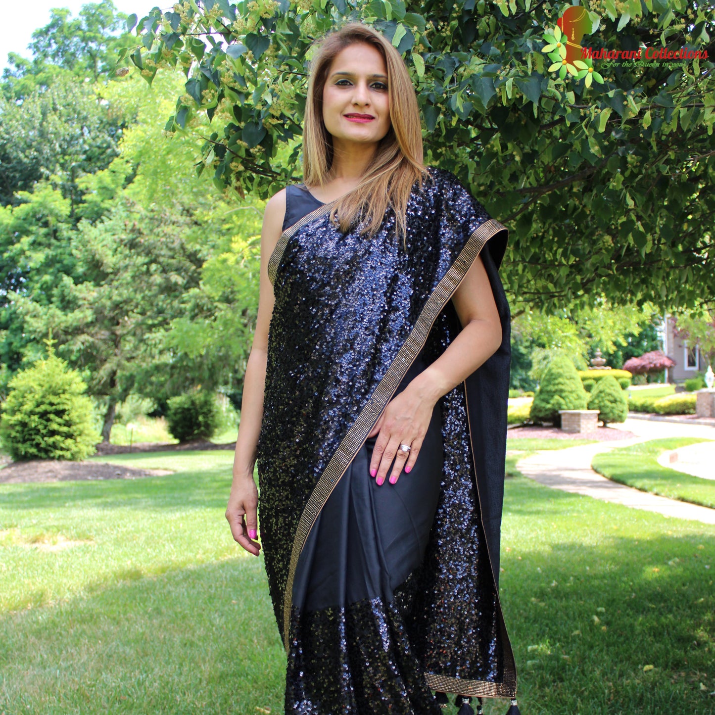 Maharani's Party Wear Georgette Sequins Saree - Black with Golden Border (with Stitched Blouse and Petticoat)