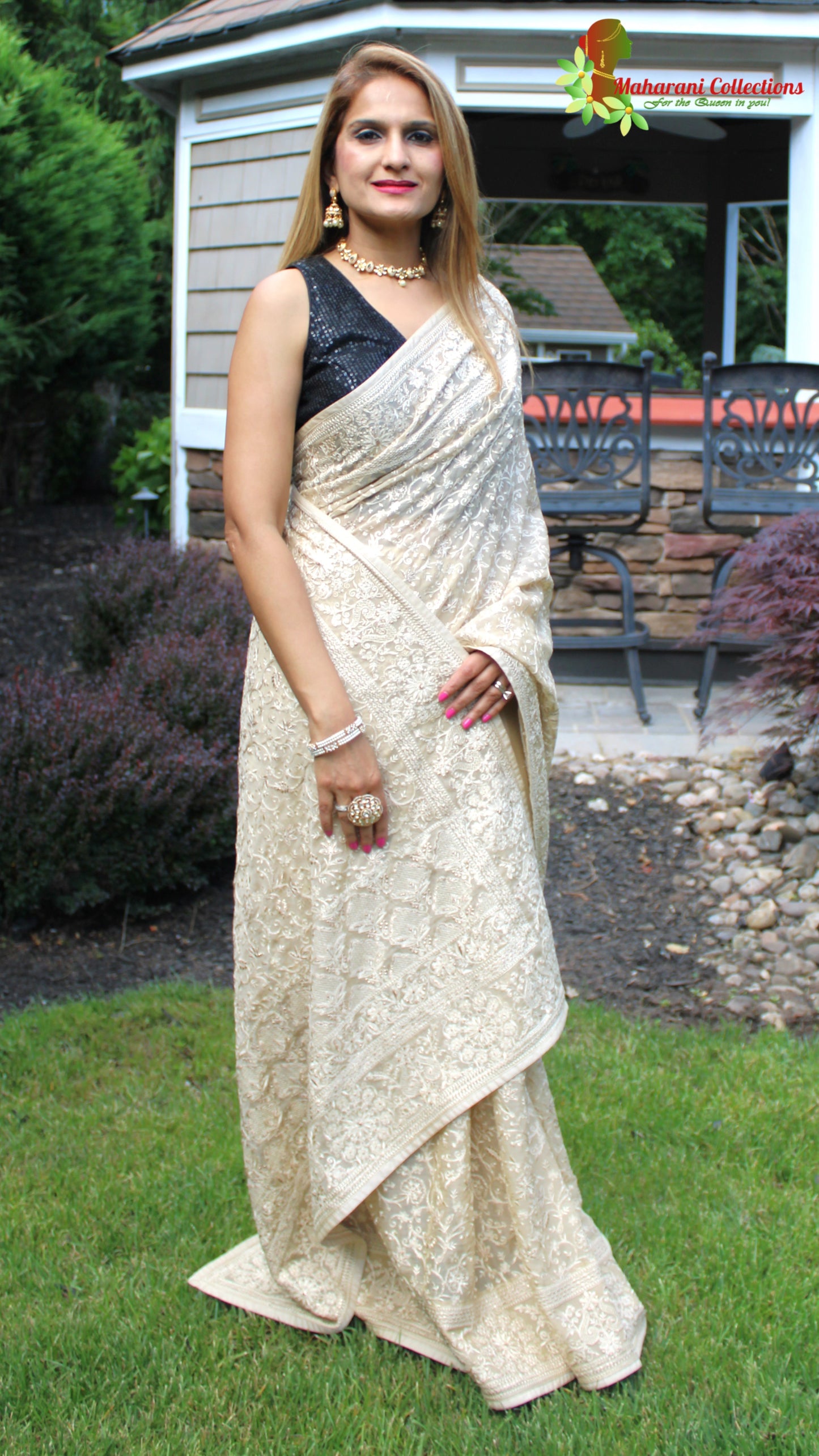 Maharani's Party Wear Georgette Heavy Zari Saree - Beige (with Stitched Blouse and Petticoat)