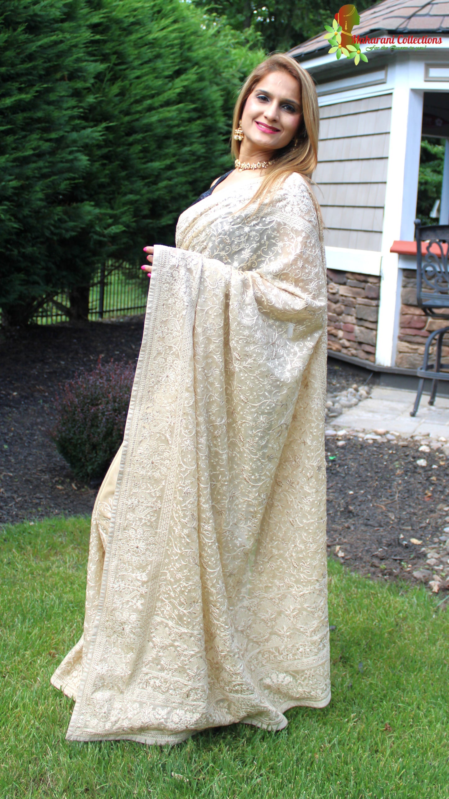 Maharani's Party Wear Georgette Heavy Zari Saree - Beige (with Stitched Blouse and Petticoat)