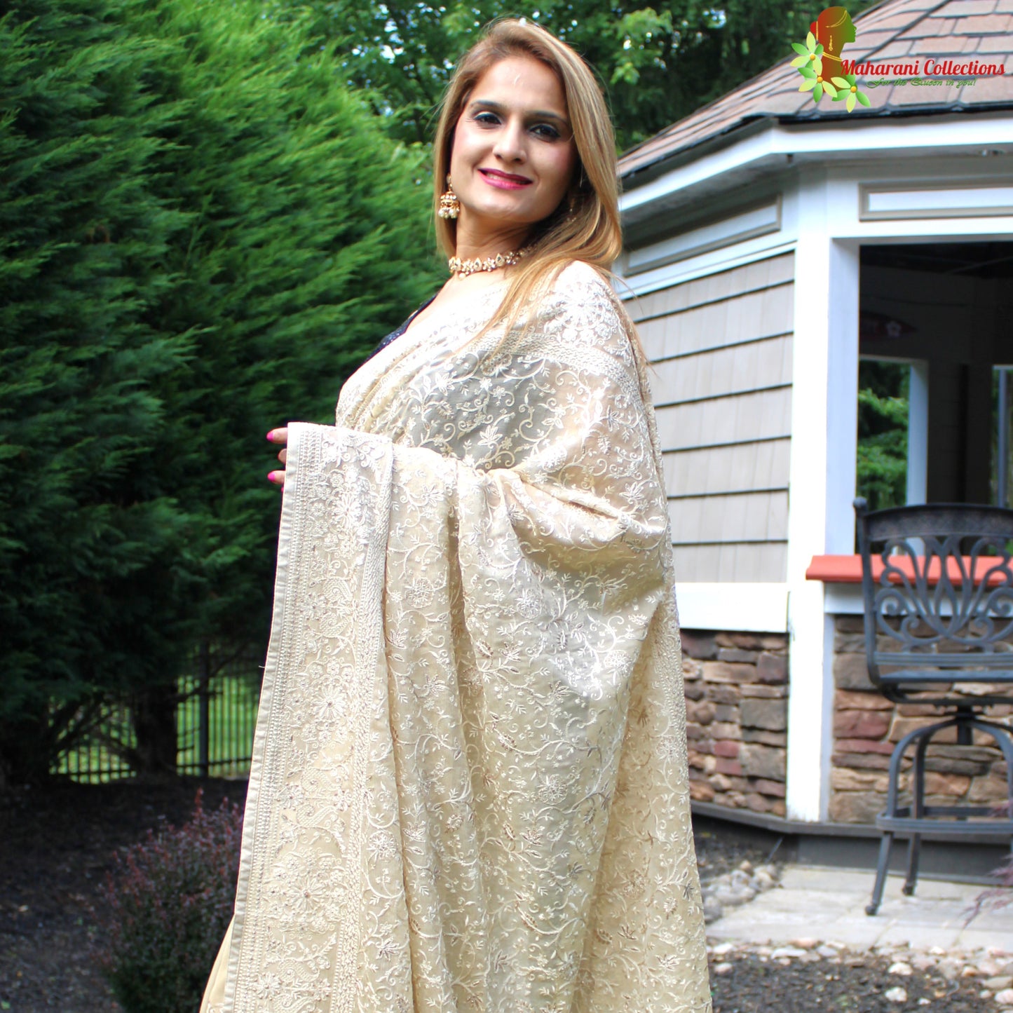 Maharani's Party Wear Georgette Heavy Zari Saree - Beige (with Stitched Blouse and Petticoat)