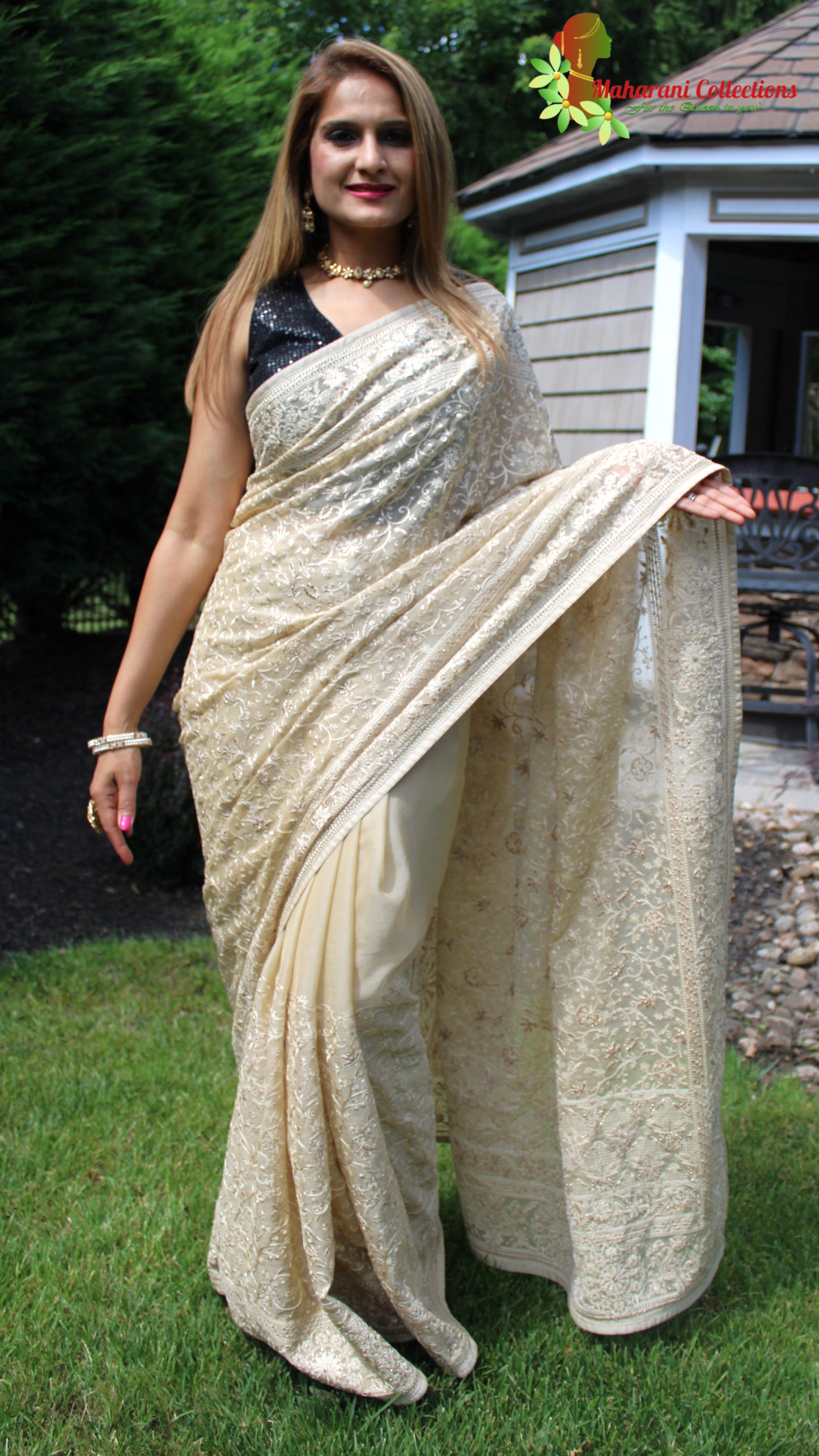 Maharani's Party Wear Georgette Heavy Zari Saree - Beige (with Stitched Blouse and Petticoat)