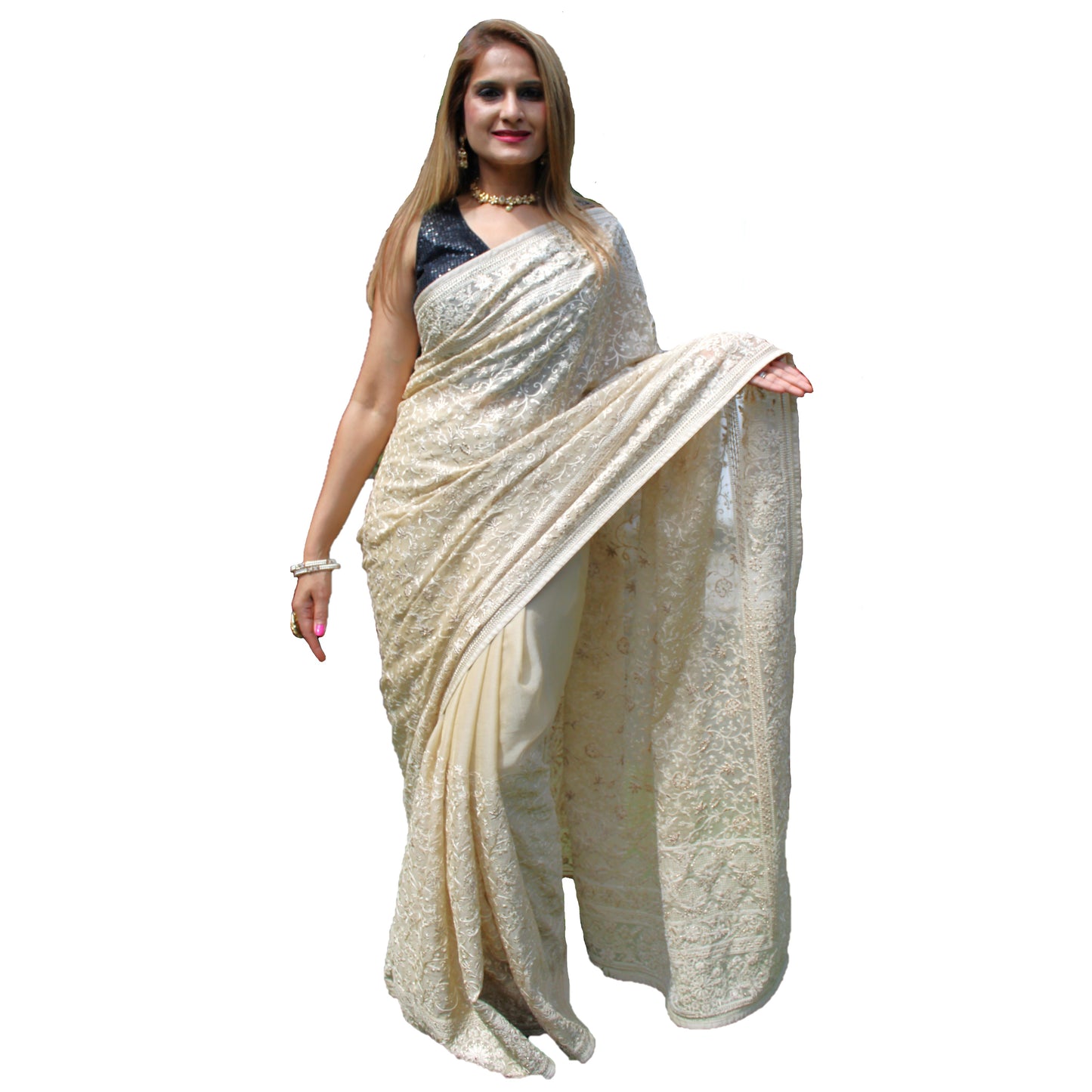 Maharani's Party Wear Georgette Heavy Zari Saree - Beige (with Stitched Blouse and Petticoat)