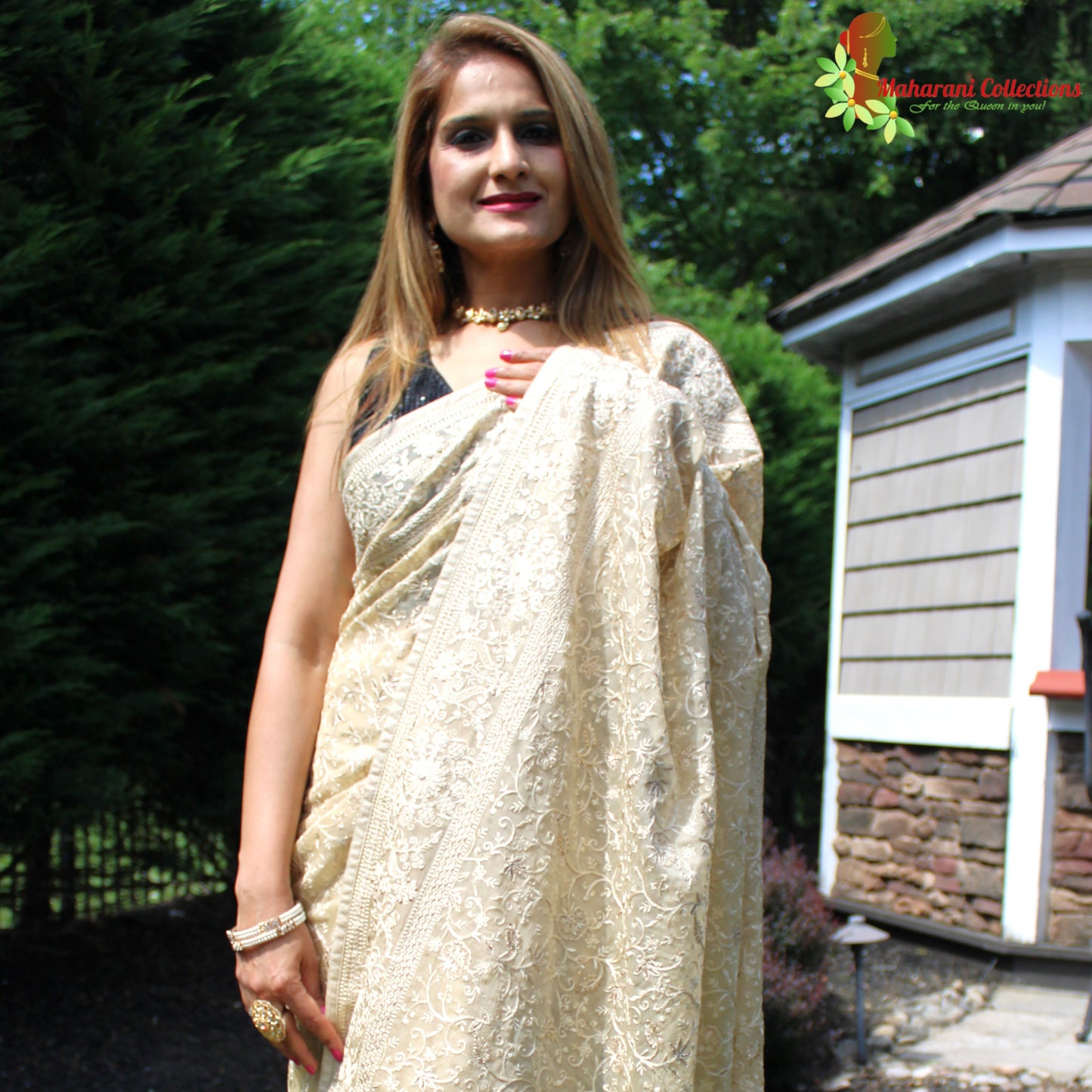 Maharani's Party Wear Georgette Heavy Zari Saree - Beige (with Stitched Blouse and Petticoat)