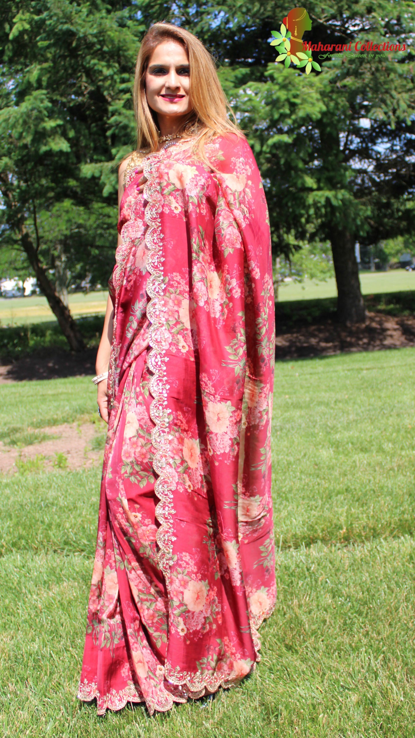 Maharani's Party Wear Organza Silk Saree - Maroon Floral (with stitched Petticoat)