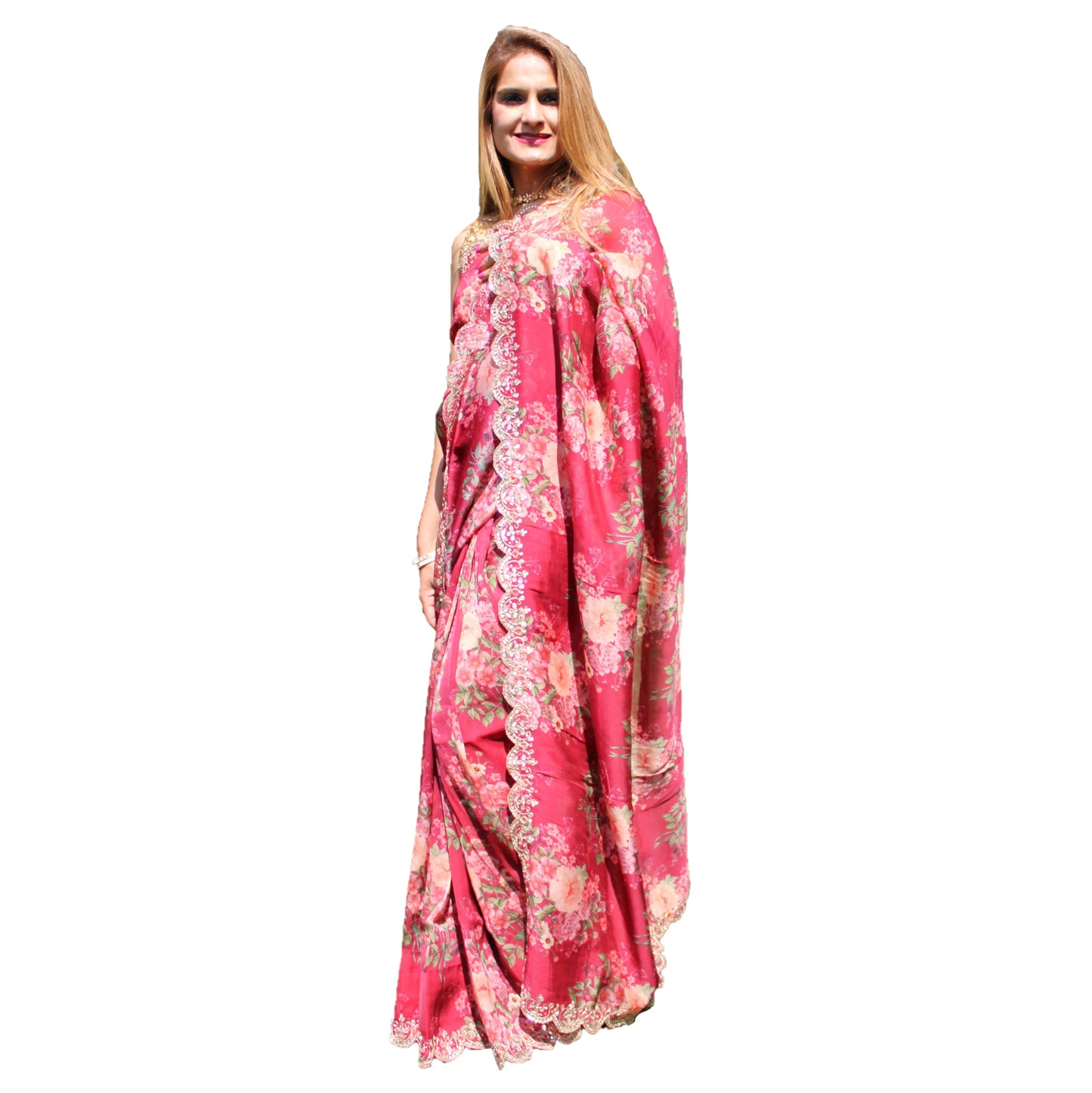 Maharani's Party Wear Organza Silk Saree - Maroon Floral (with stitched Petticoat)