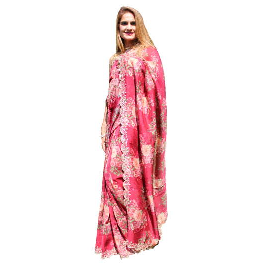Maharani's Party Wear Organza Silk Saree - Maroon Floral (with stitched Petticoat)