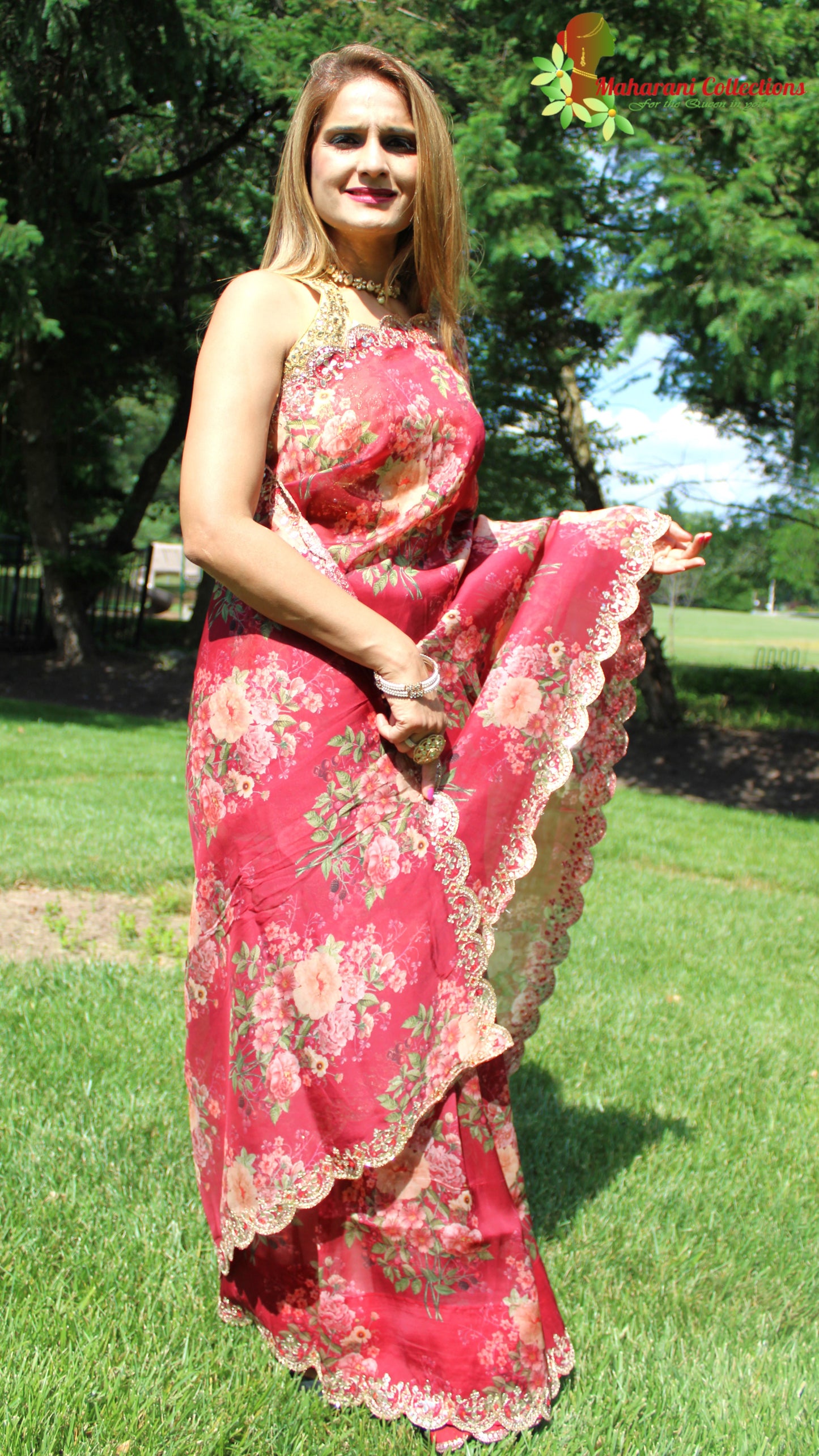Maharani's Party Wear Organza Silk Saree - Maroon Floral (with stitched Petticoat)