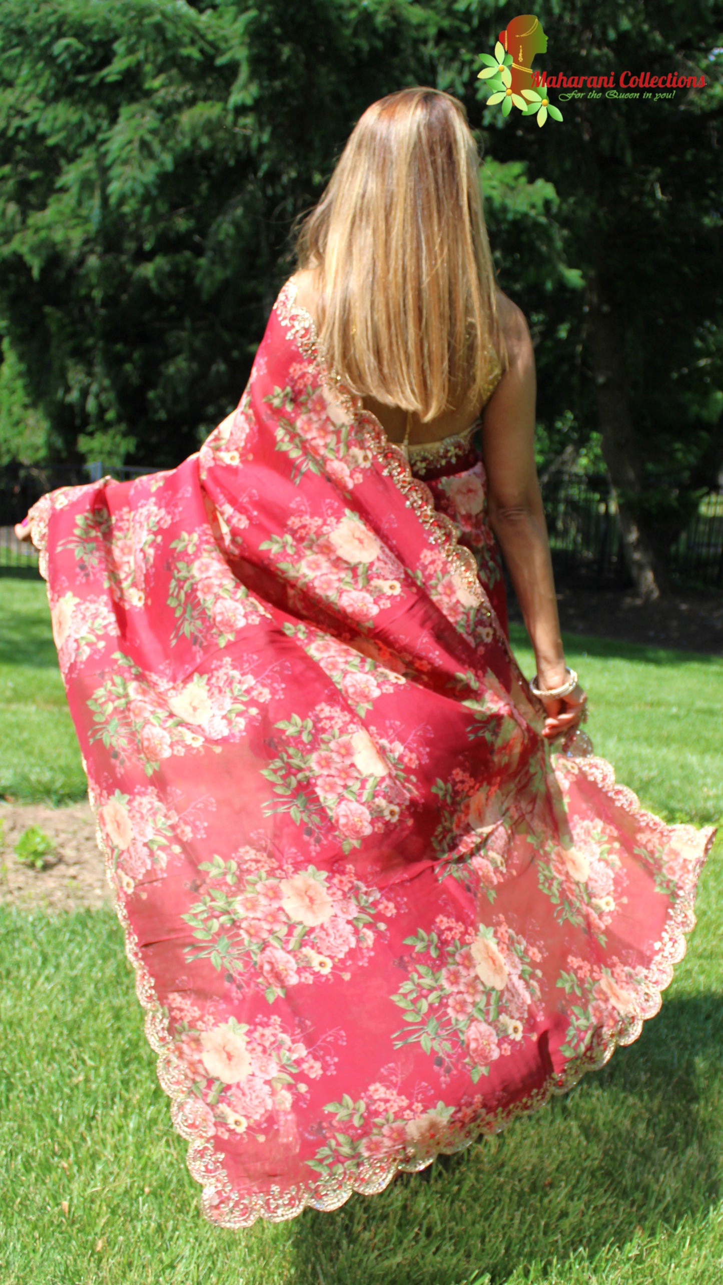 Maharani's Party Wear Organza Silk Saree - Maroon Floral (with stitched Petticoat)