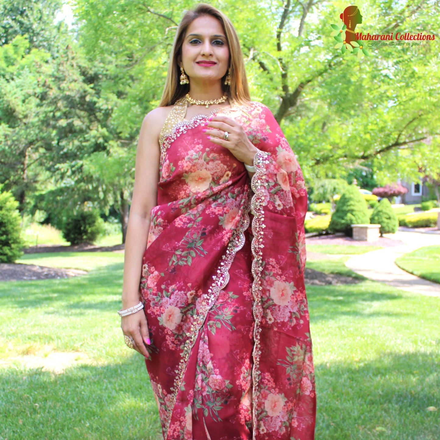 Maharani's Party Wear Organza Silk Saree - Maroon Floral (with stitched Petticoat)