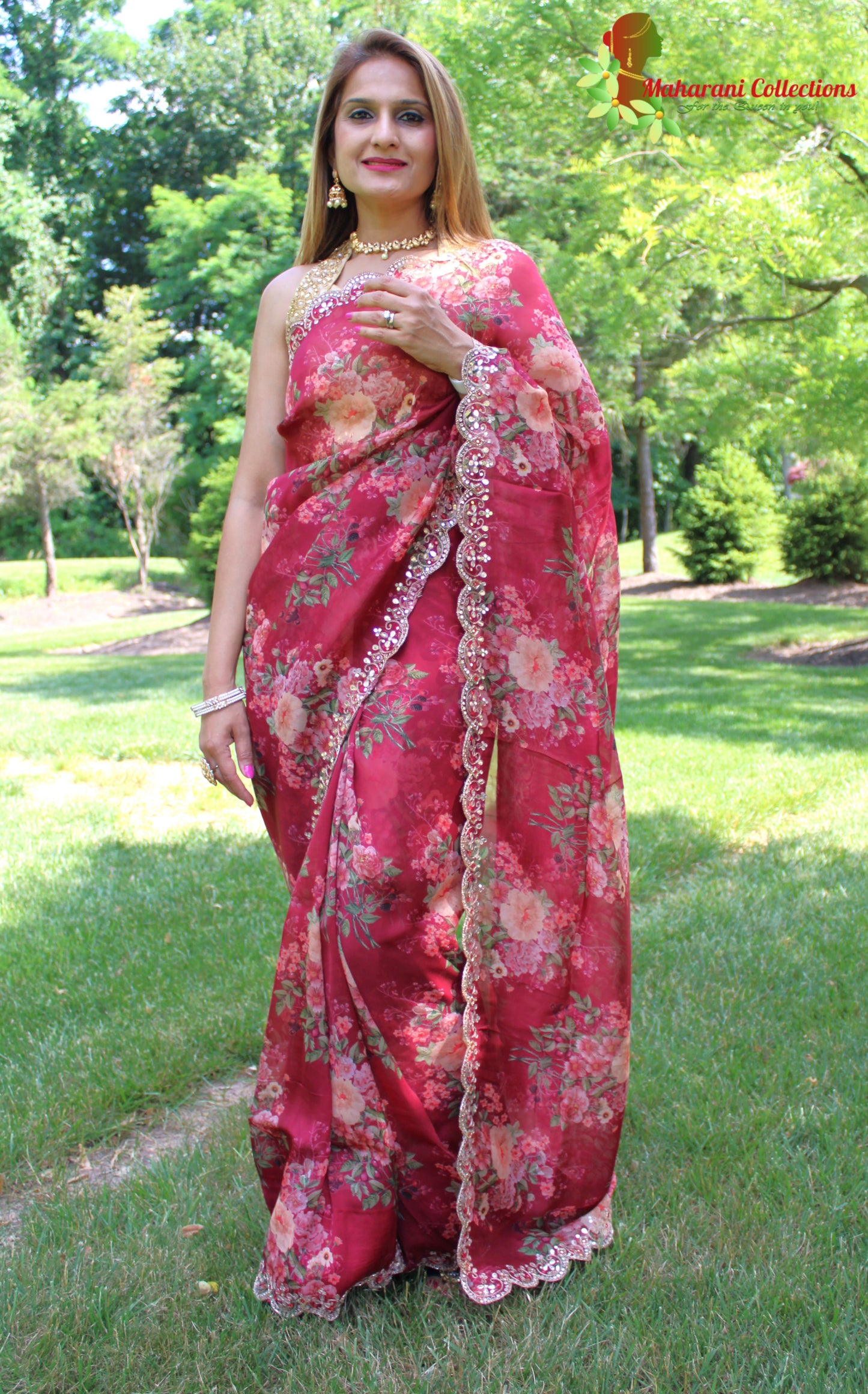 Maharani's Party Wear Organza Silk Saree - Maroon Floral (with stitched Petticoat)