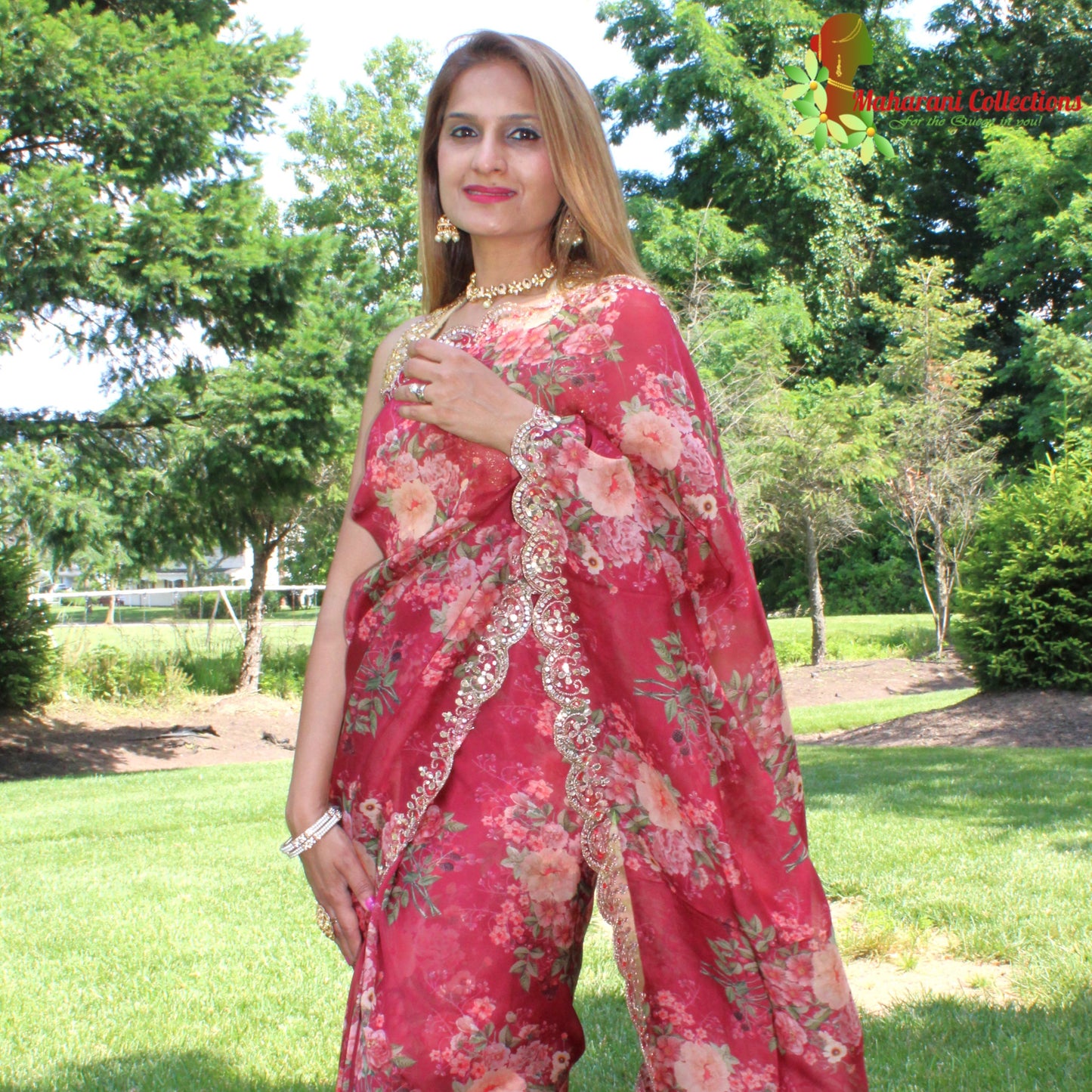 Maharani's Party Wear Organza Silk Saree - Maroon Floral (with stitched Petticoat)
