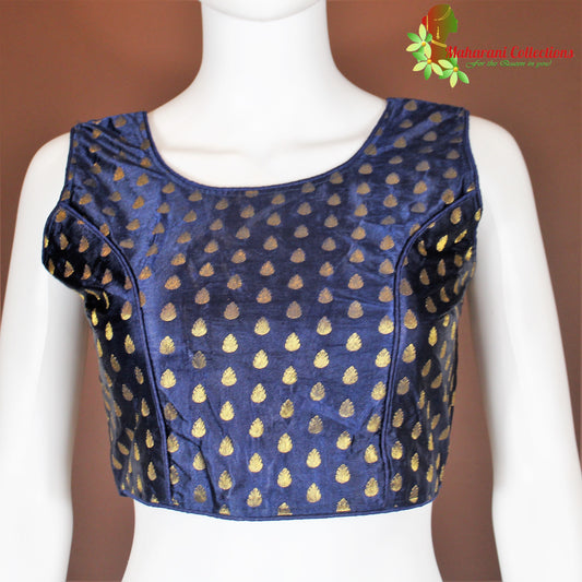 Maharani's Banarasi Silk Blouse with Golden Boota - Navy Blue